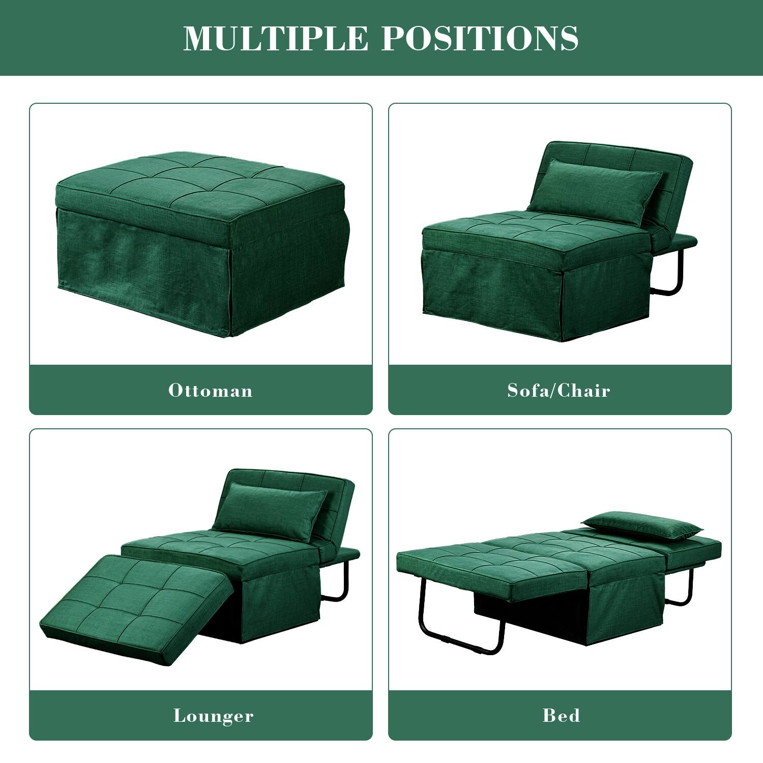 MULTIPLE POSITIONS

Ottoman

Sofa/Chair

Lounger

Bed