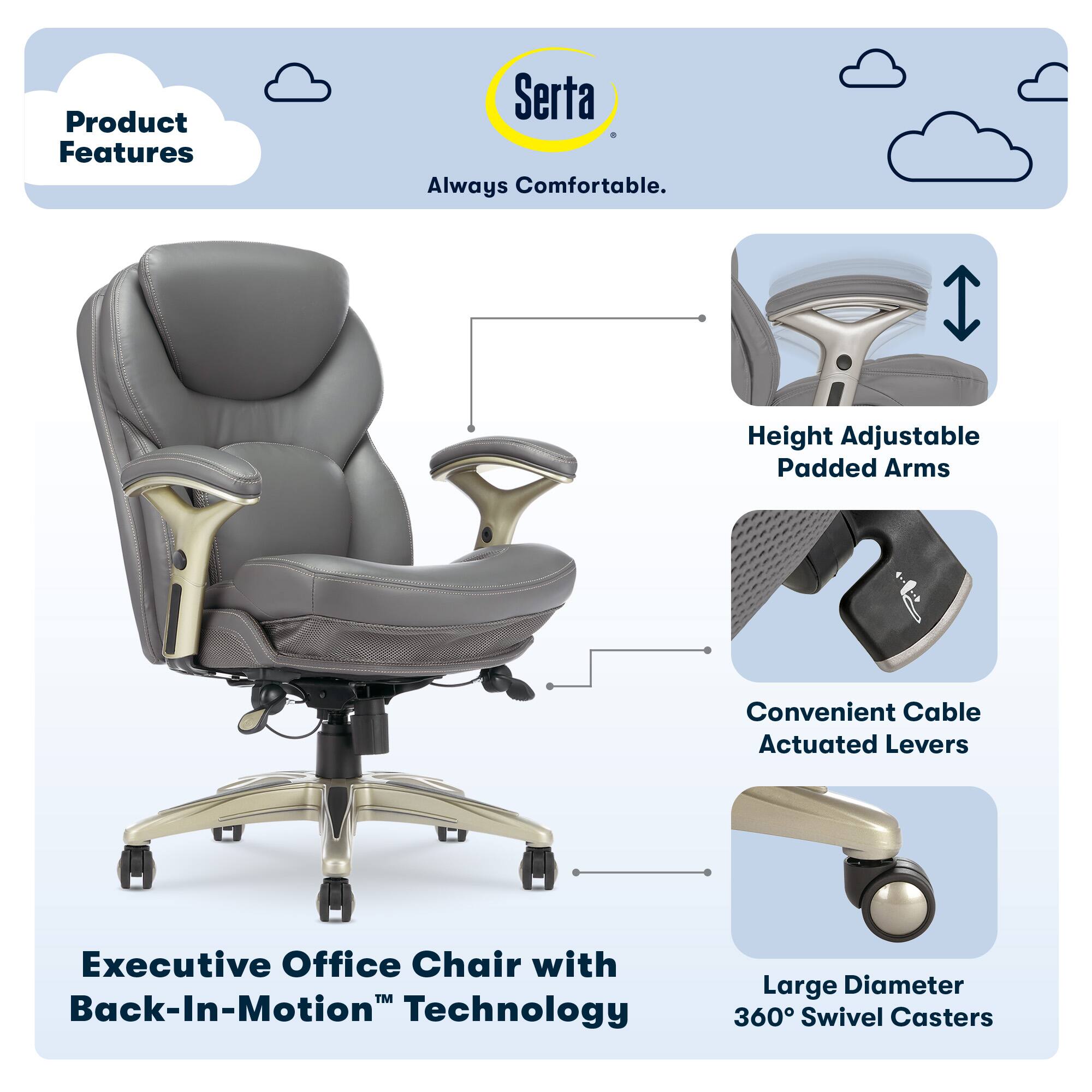 The image showcases an executive office chair with a back-in-motion technology, which is designed to provide comfort and support to the user. The chair features height-adjustable padded arms, making it suitable for various sitting positions. Additionally, the chair has a large diameter of 360 swivel casters, allowing for easy movement and maneuverability. The product is manufactured by Serta, known for its comfort and quality.