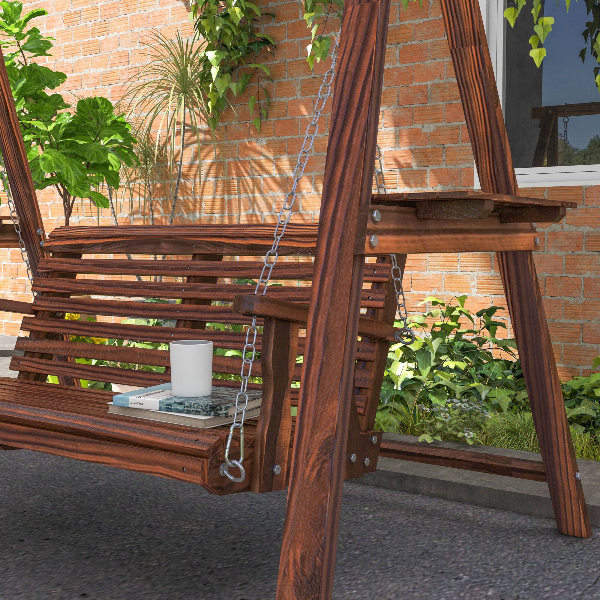 Alt View 8. Outsunny - Outdoor Swing Chair with Stand and Side Tables for Garden, Poolside - Carbonized brown.