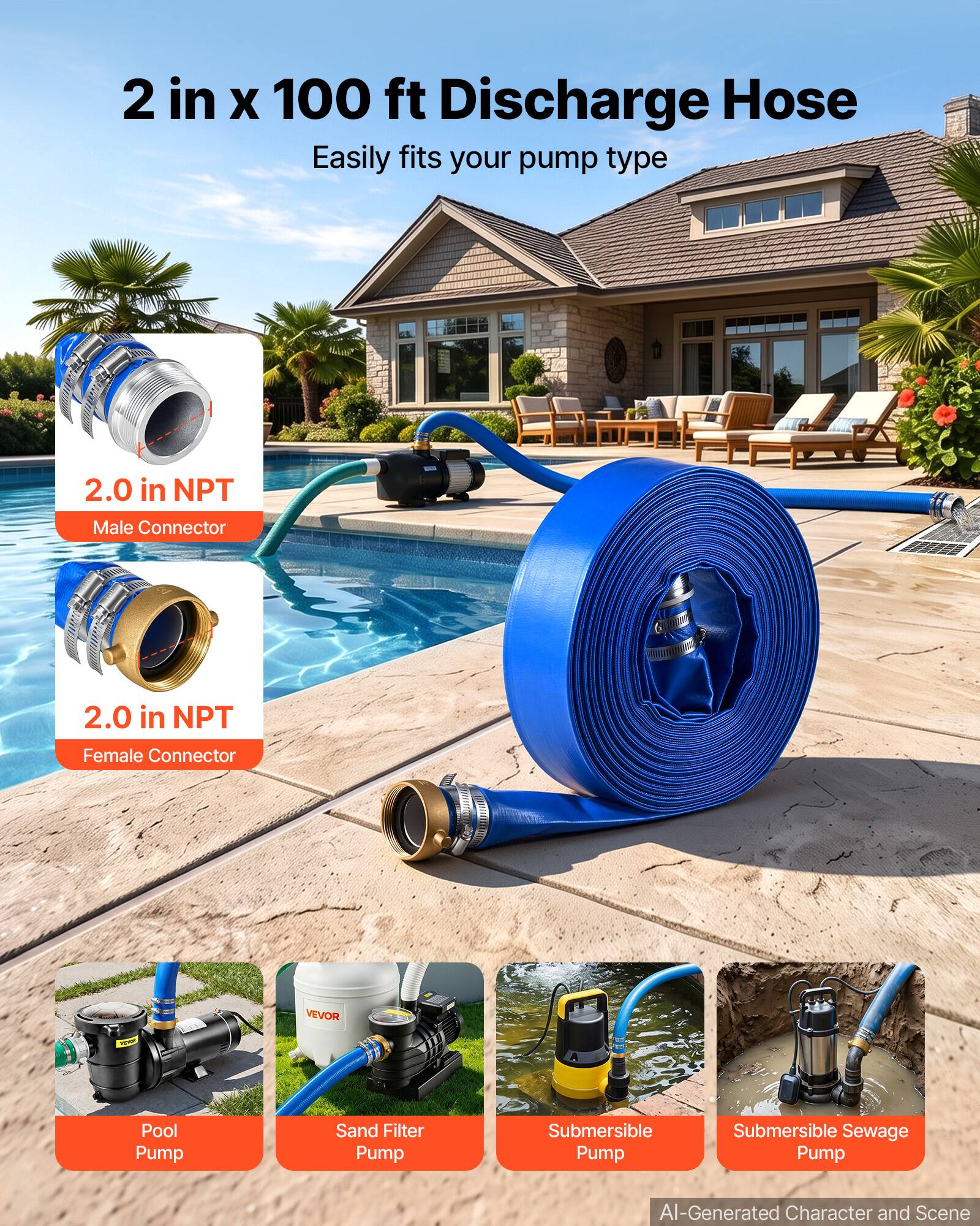 2 in x 100 ft Discharge Hose  
Easily fits your pump type  

2.0 in NPT Male Connector  
2.0 in NPT Female Connector  

Pool Pump  
Sand Filter Pump  
Submersible Pump  
Submersible Sewage Pump  

AI-Generated Character and Scene