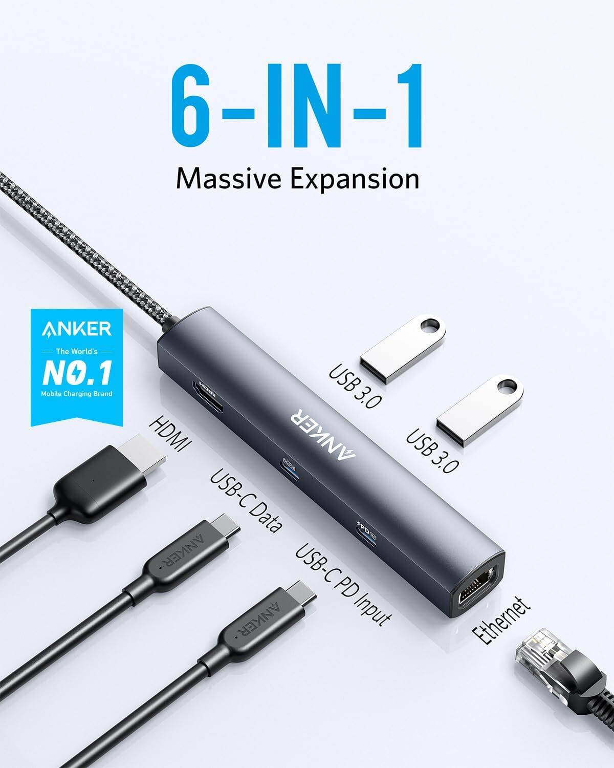 6-IN-1 Massive Expansion

ANKER
The World's NO.1 Mobile Charging Brand

- HDMI
- USB 3.0
- USB 3.0
- USB-C Data
- USB-C PD Input
- Ethernet