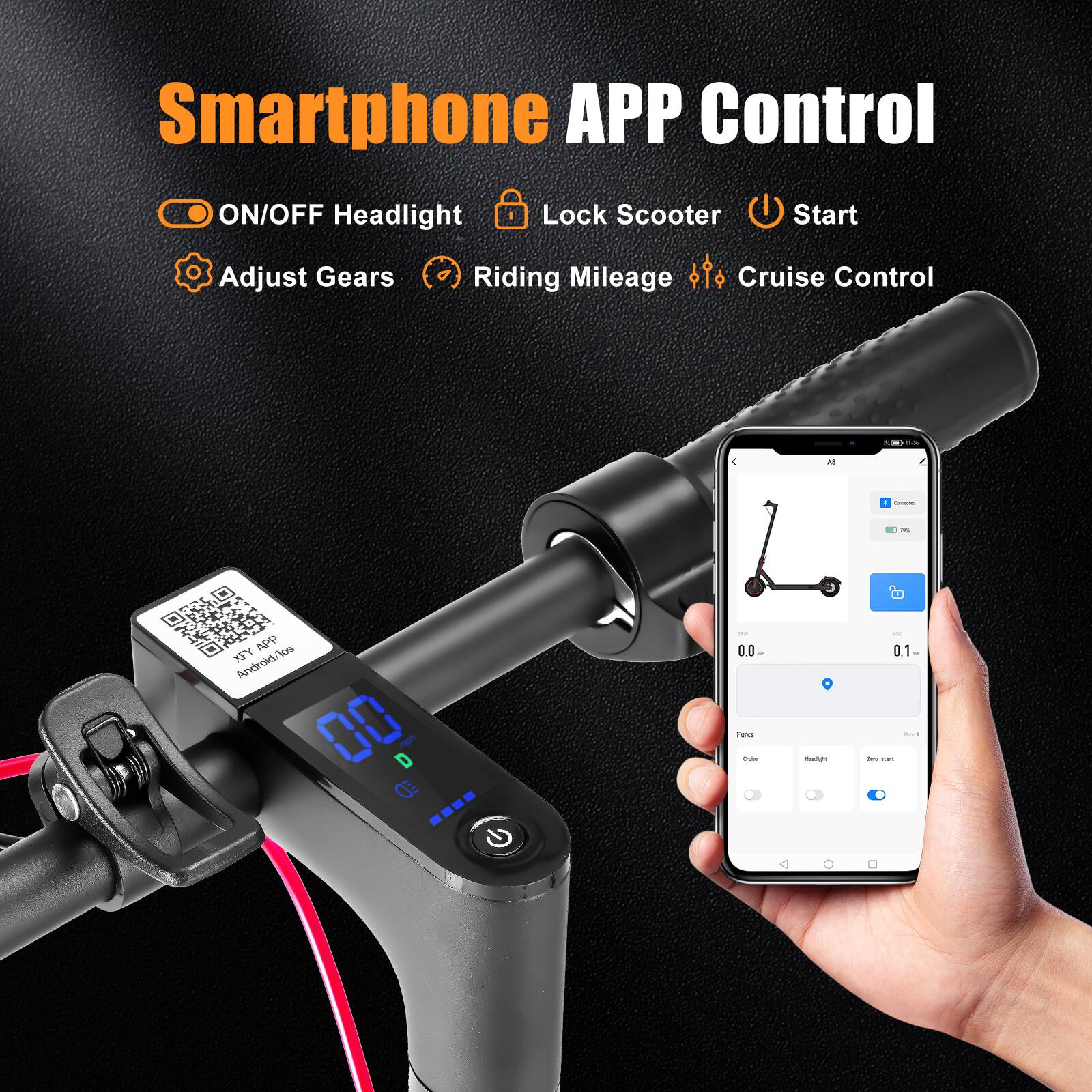 Smartphone APP Control

- ON/OFF Headlight
- Lock Scooter
- Start
- Adjust Gears
- Riding Mileage
- Cruise Control

Android/iOS