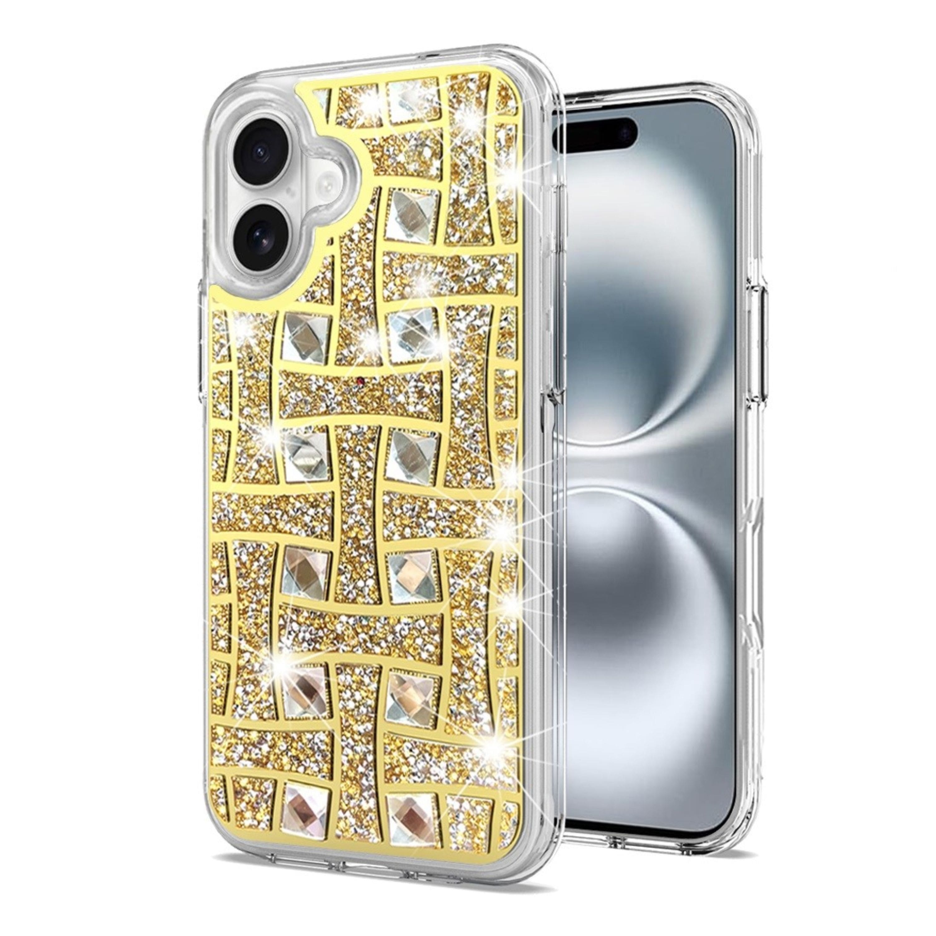 Kitcheniva - Shimmering Bling Hybrid Shockproof Phone Cover With Tempered Glass For iPhone 16 Gold - Multicolor