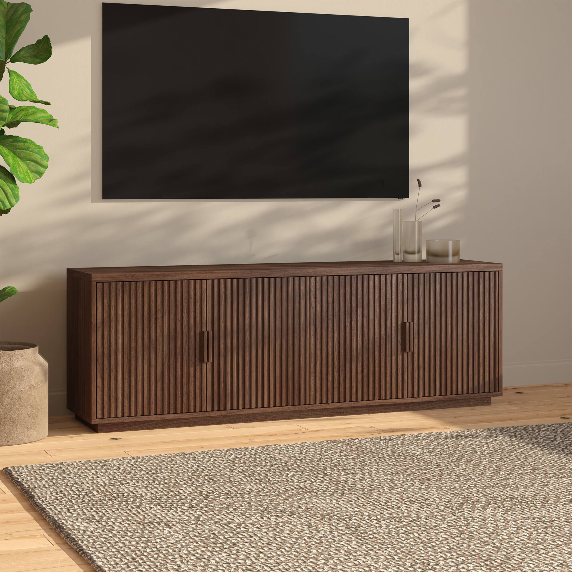 Alt View 3. Hudson&Canal - Mero Rectangular Fluted TV Stand for TV's up to 75" in Satin Walnut - Satin Walnut.