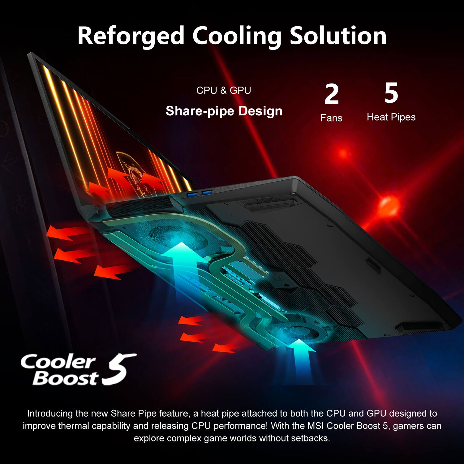 Reforged Cooling Solution

CPU & GPU Share-pipe Design

2 Fans

5 Heat Pipes

Cooler Boost 5

Introducing the new Share Pipe feature, a heat pipe attached to both the CPU and GPU designed to improve thermal capability and releasing CPU performance! With the MSI Cooler Boost 5, gamers can explore complex game worlds without setbacks.