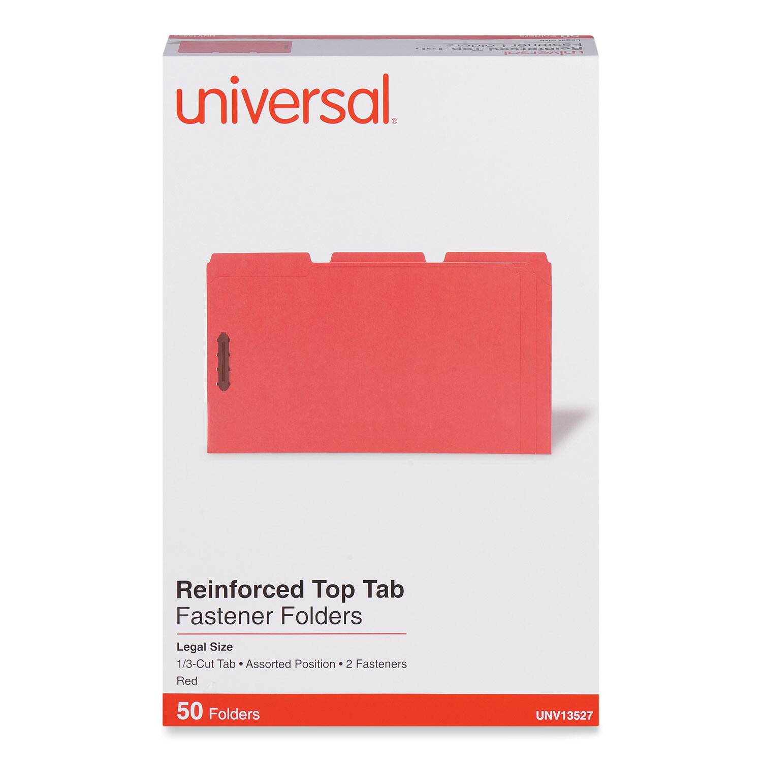 Universal Reinforced Top Tab Fastener Folders  
Legal Size 1/3-Cut Tab Assorted Position 2 Fasteners Red  
50 Folders  
UNV13527