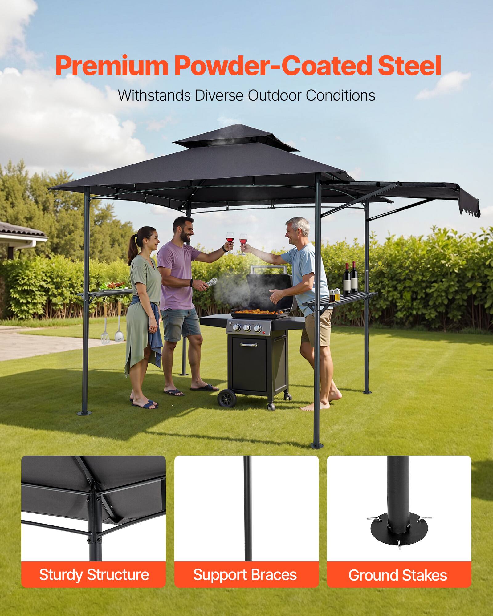 Premium Powder-Coated Steel  
Withstands Diverse Outdoor Conditions  

Sturdy Structure  
Support Braces  
Ground Stakes
