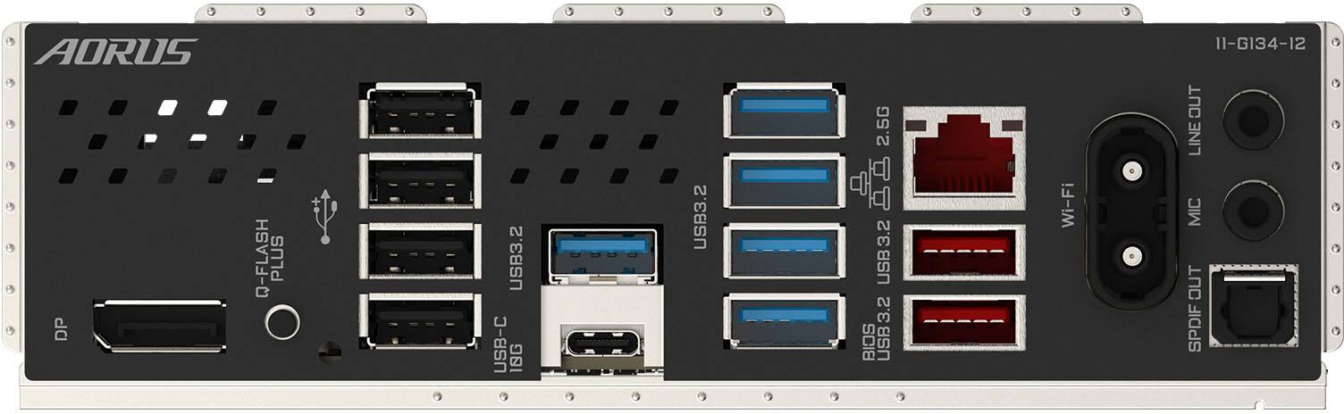 AORUS DF Q-FLASH PLUS USB3.2 USB-C 18G USB3.2 2.5G USB3.2 3.2 BIOS USB Wi-Fi 11-G134-12 OUT LINE MIC OUT SPDIF