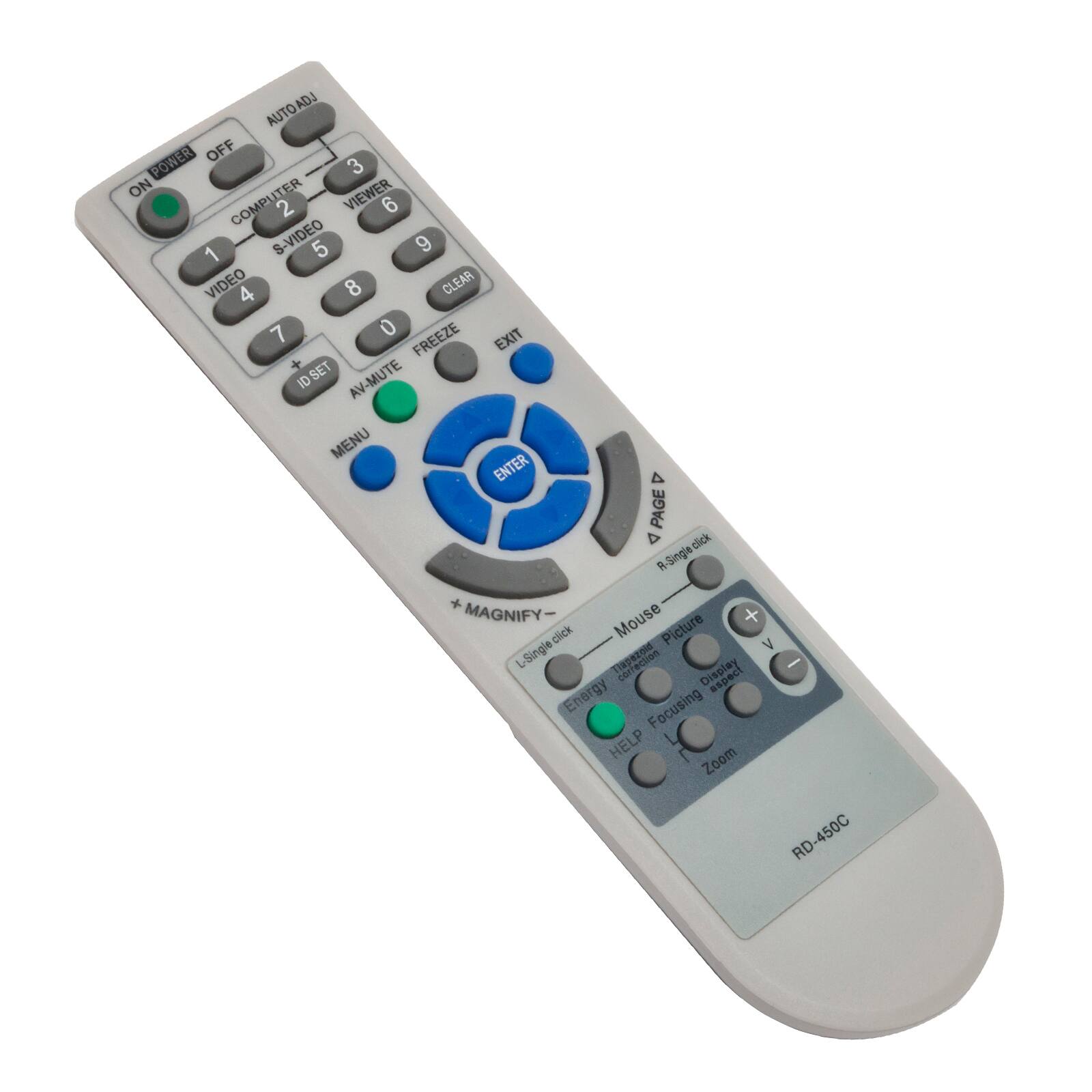 AUTO ADJ  
POWER OFF  
ON  
COMPUTER 2  
VIEWER 3  
S-VIDEO 5  
VIDEO 4  
CLEAR 7  
FREEZE 0  
EXIT  
ID SET  
AV-MUTE  
AV MENU  
ENTER  
A PAGE A  
MAGNIFY  
L-Single  
R-Single  
Mouse  
Picture  
Display  
Energy  
Focusing  
Zoom  
HELP  
RD-450C