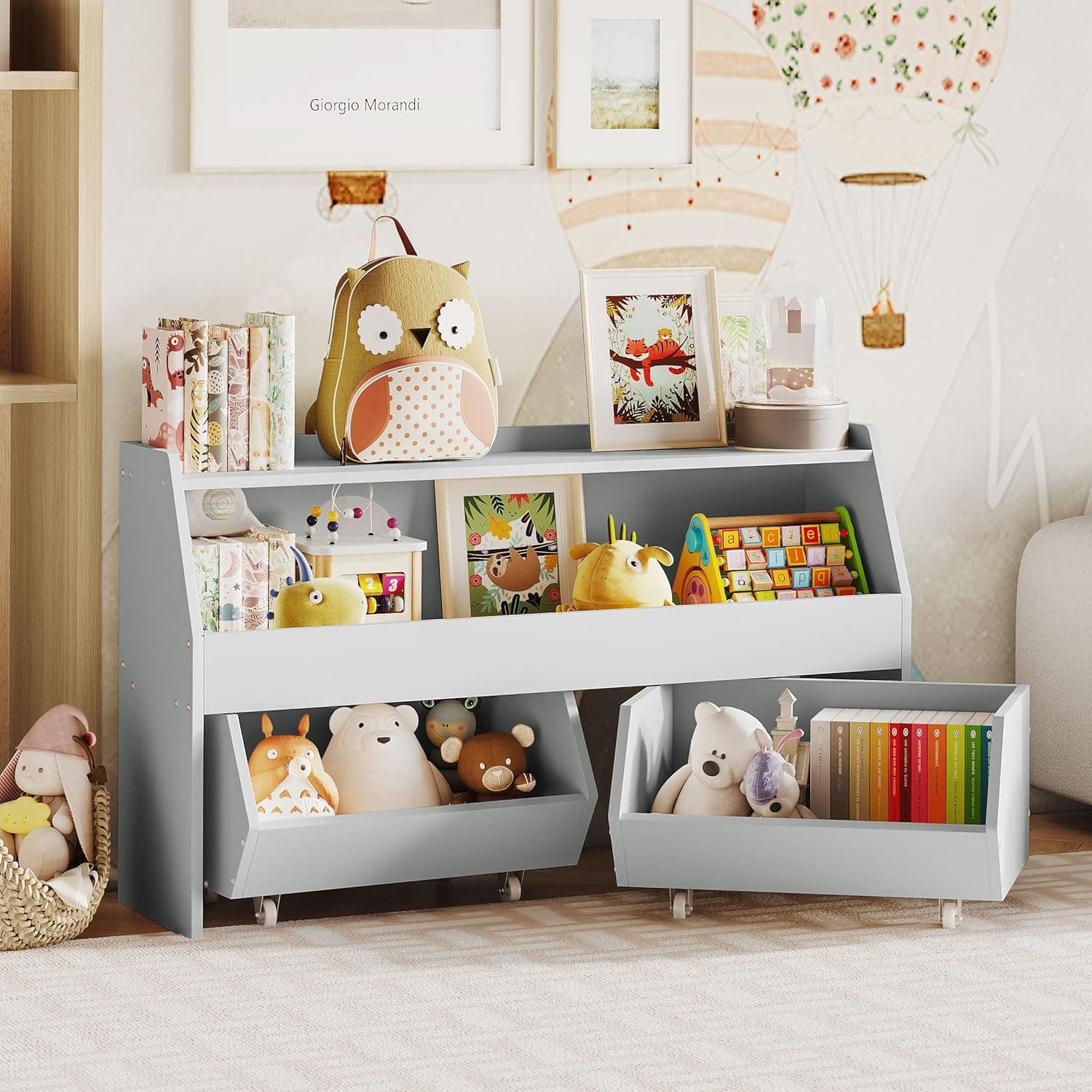 DIYSET - Kids Bookshelf and Toy Organizer 40Inch WoodenStorage Bookcase Decorative Bookshelf Toy StorageCabinet with Wheels - Gray