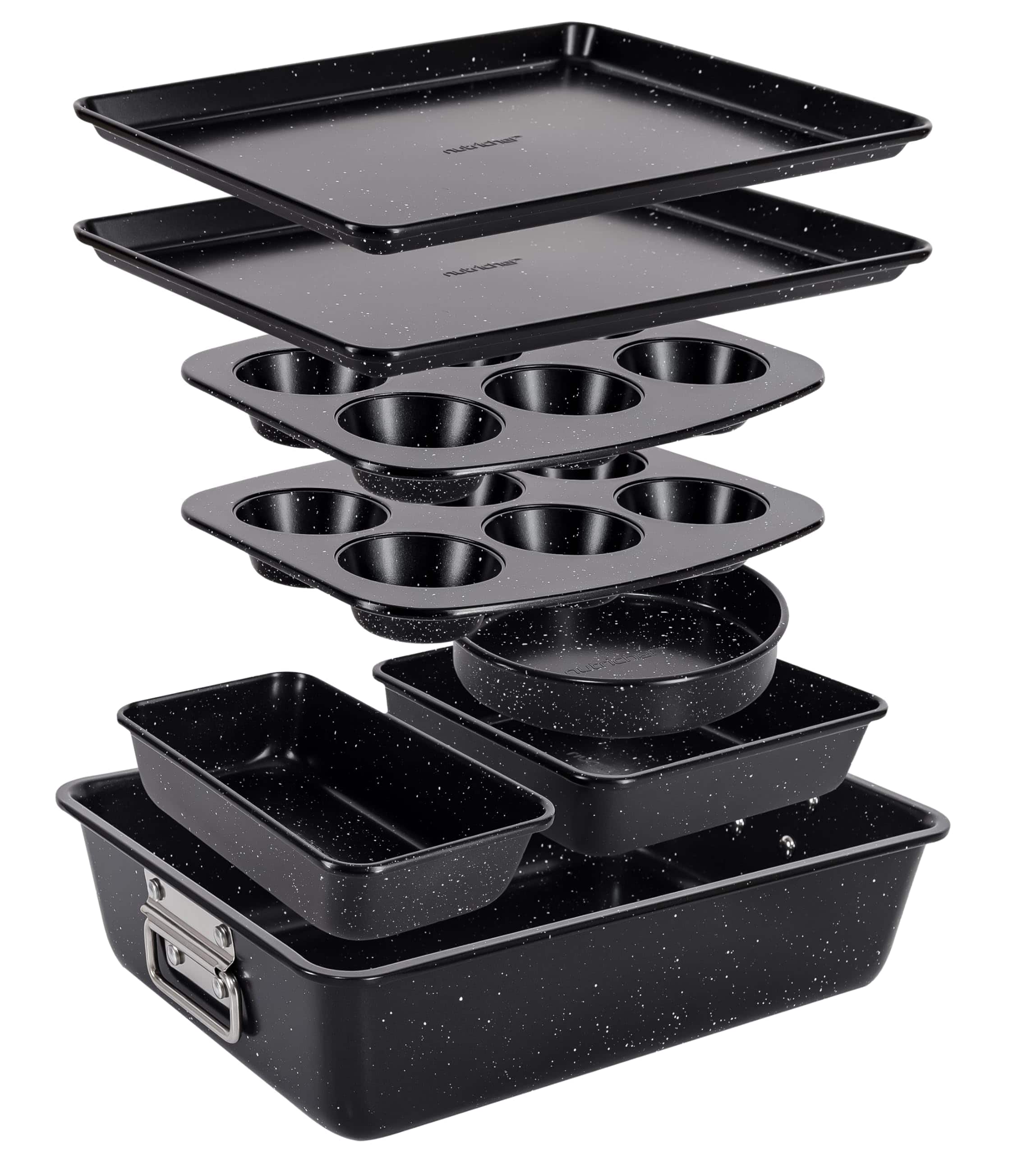 NutriChef - 8-Piece Stackable Bakeware Set – Non-Stick Carbon Steel, Heat Resistant for Ovens Black Marble (NCBKSTK13)