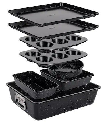 Front. NutriChef - NutriChef 8-Piece Stackable Bakeware Set – Non-Stick Carbon Steel, Heat Resistant for Ovens Black Marble (NCBKSTK13).