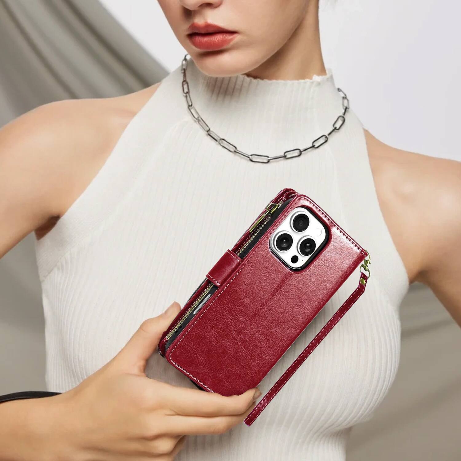 Alt View 7. Equipd - Phone Case for iPhone 16 Pro Max (6.9"), Luxury Wallet Card ID Zipper Money Holder Cover - Red.
