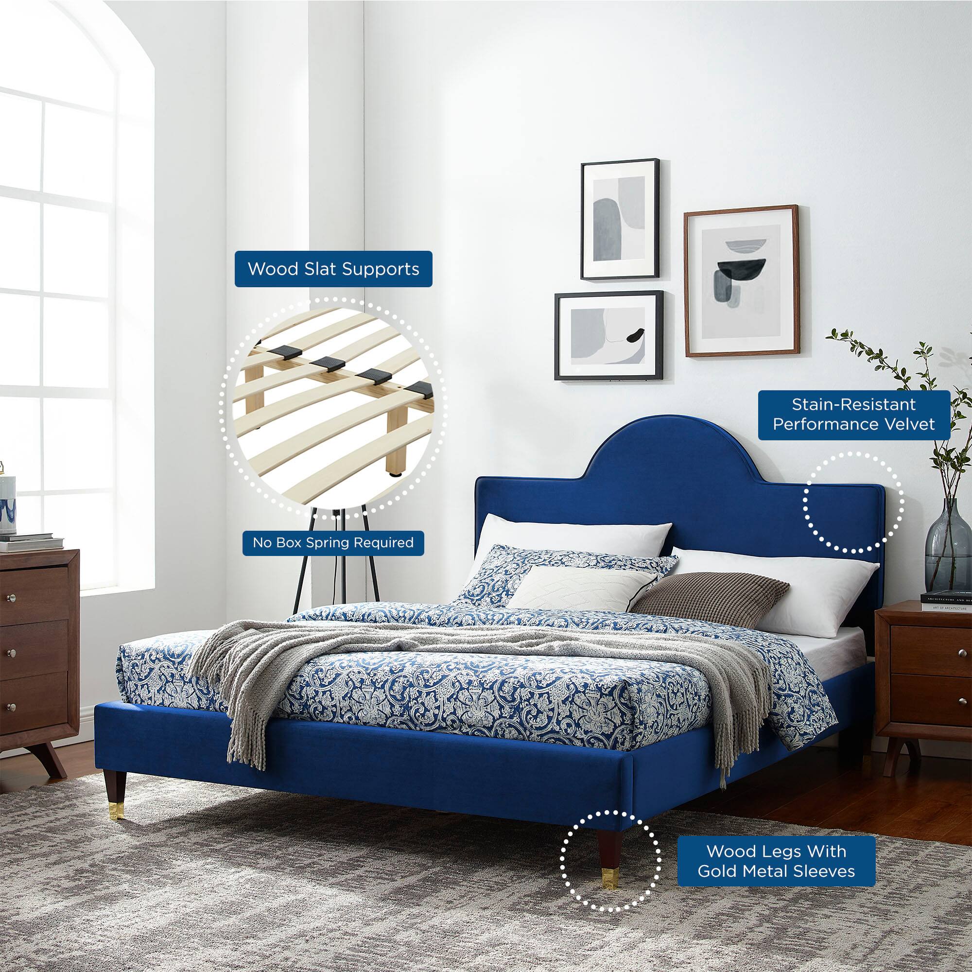 - Wood Slat Supports
- No Box Spring Required
- Stain-Resistant Performance Velvet
- Wood Legs With Gold Metal Sleeves