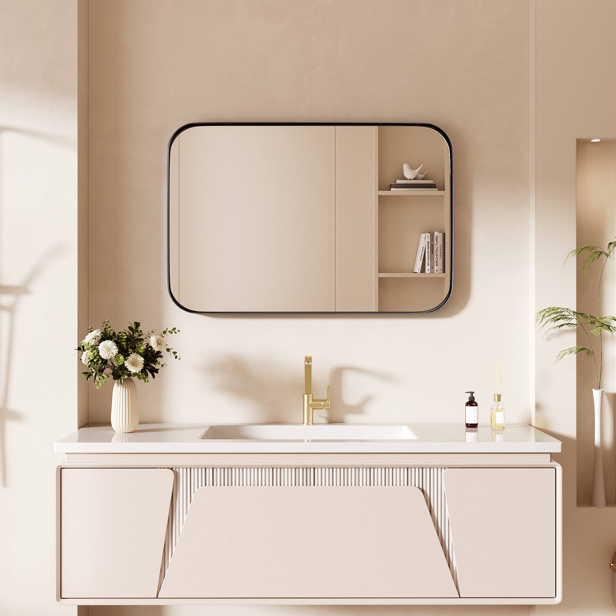 Left. LOVMOR - Tempered Glass Rounded Rectangle Framed Wall-Mounted Bathroom Vanity Mirror - 20" x 30" - Black.