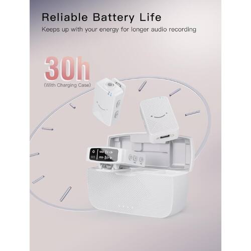 Reliable Battery Life  
Keeps up with your energy for longer audio recording  
30h (With Charging Case)