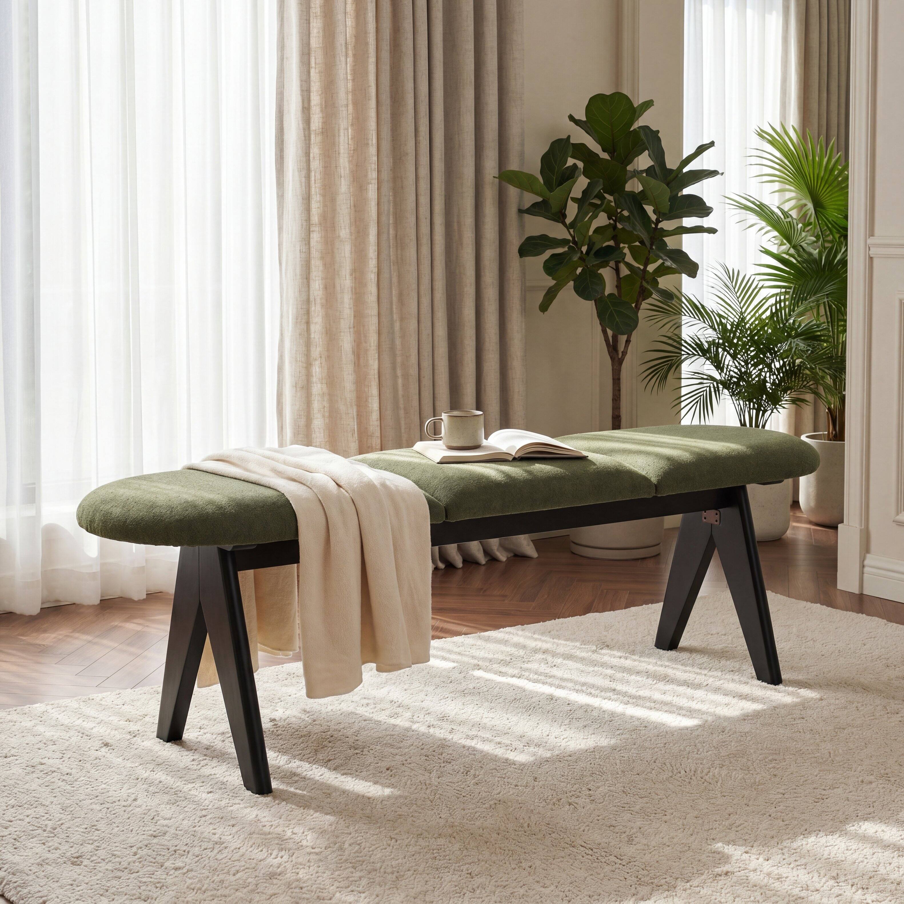 Front. Ropilly - Ropilly 53 Inch Green Upholstered Entryway Bench with Black Wood Legs, Modern Fabric Bedroom Seating - Green.