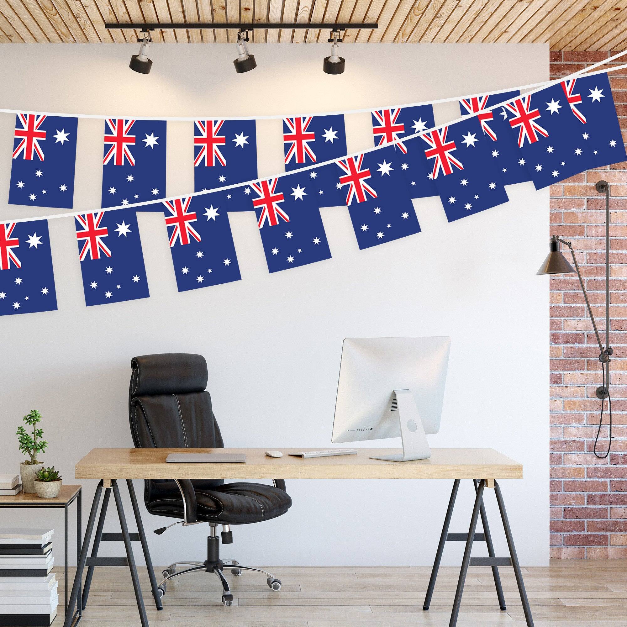 Left. G128 - Australia Bunting Banner 33 ft String with 38 Mini Flags - Assorted Colors.