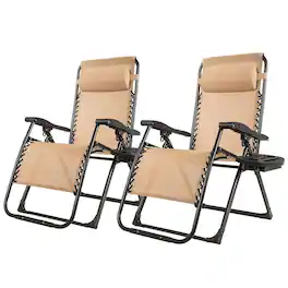 Gymax - 2PCS Folding Zero Gravity Lounge Chair Recliner w/ Cup Holder Pillow - Beige