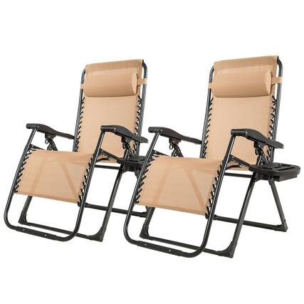 Front. Gymax - Gymax 2PCS Folding Zero Gravity Lounge Chair Recliner w/ Cup Holder Pillow Beige - Beige.