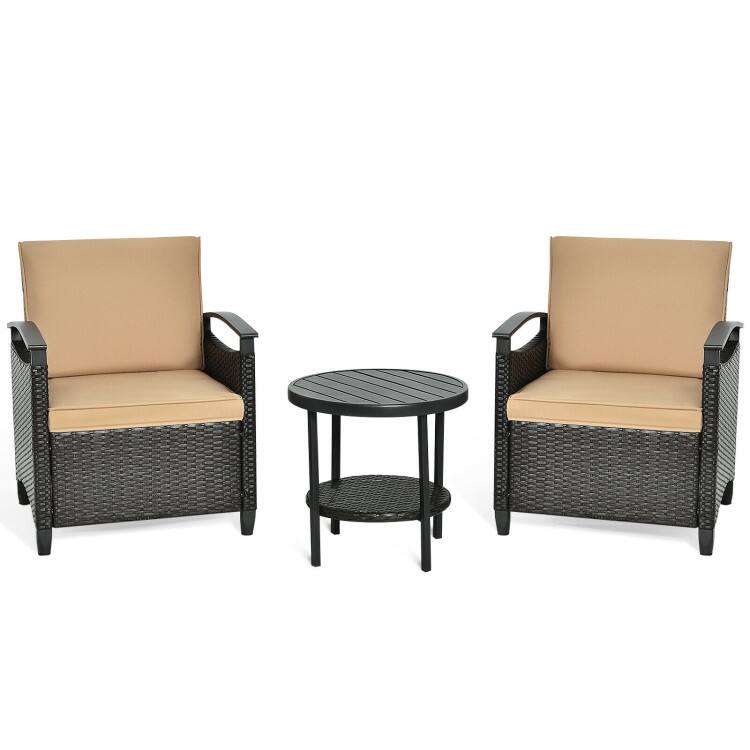 Front. SlickBlue - 3-Piece Patio Rattan Furniture Set with Cushioned Sofa and Storage Table - Brown.