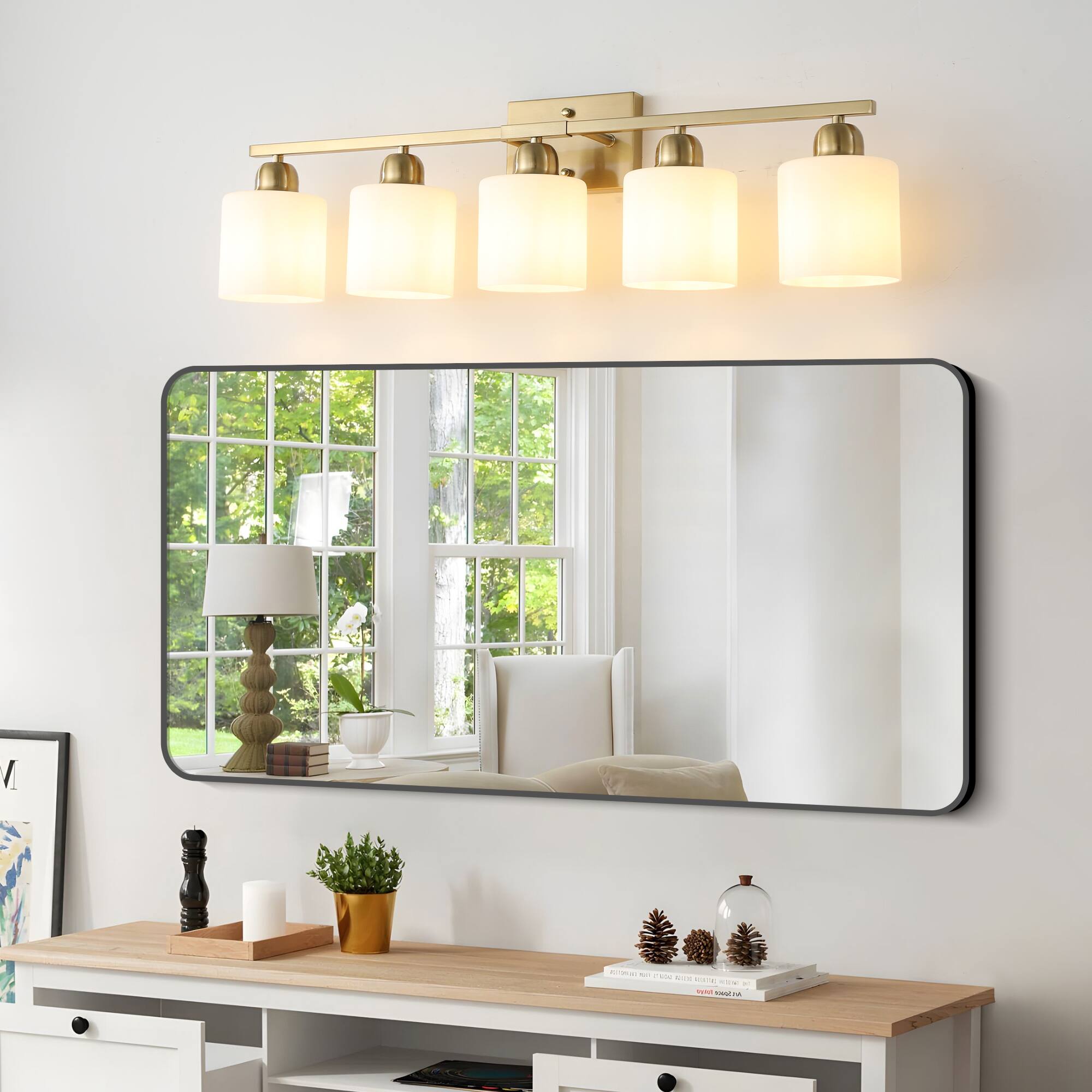 Back. HOMLUX - 31.5 in. 5 Lights Gold LED Vanity Light Bar Vanity Accent Lighting Fixtures and Metal Wall Sconces with Crystal Shade.