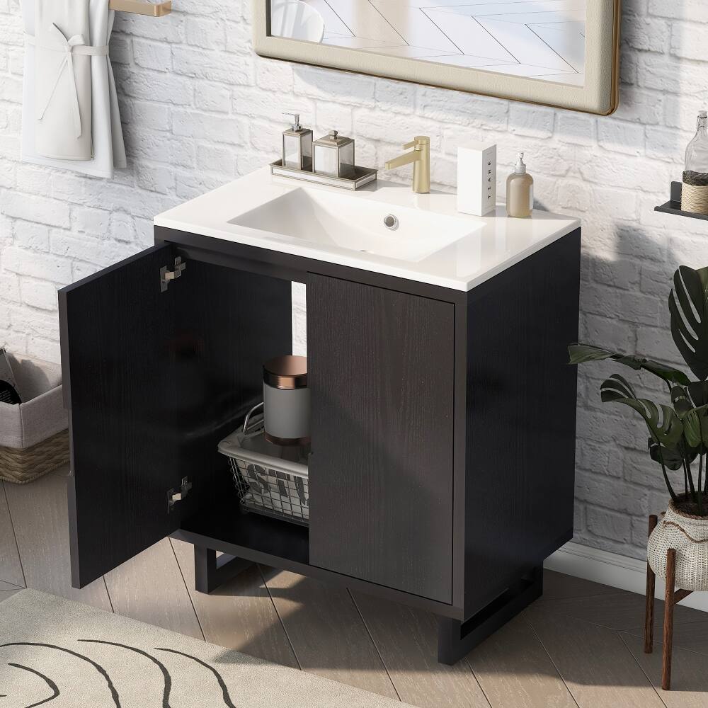 Angle. Loheer - Loheer 30 inch black bathroom vanity with sink Freestanding Cabinet Solid Wood Legs - Black.