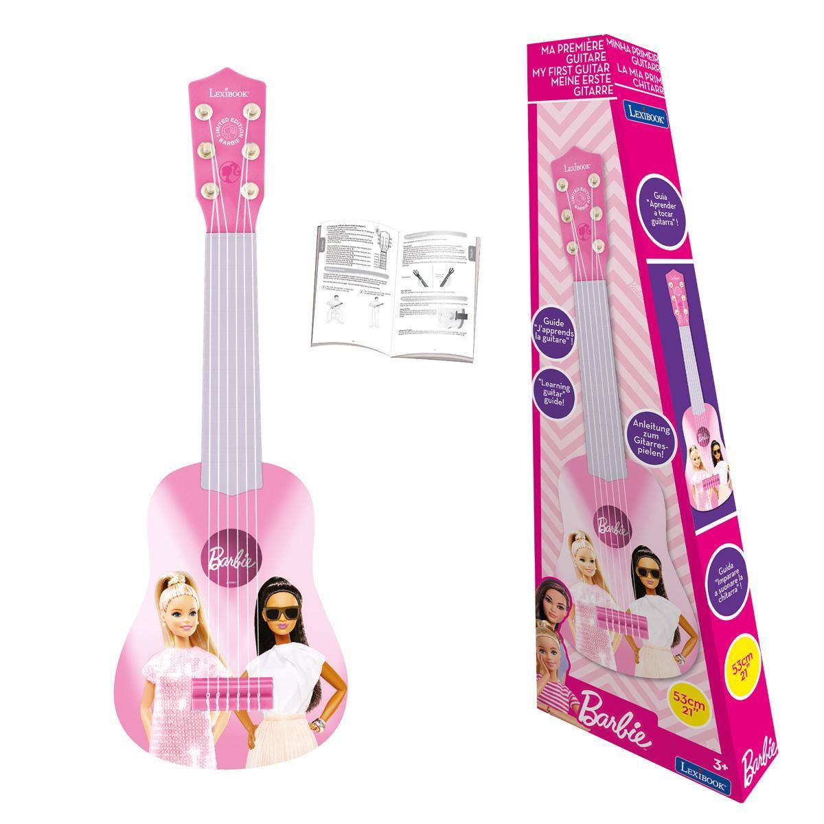 LEXIBOOK LIMITED  
MA PREMIERE MINI GUITARE  
MY FIRST GUITAR  
LA MIA PRIMA GUITARE  
MEINE ERSTE GITARRE  
CHITARRA  
Lexibook  
Learning Guitar Guide!  
Anleitung zum Gitarrespielen!  
Banbee Baka Cruido  
53cm x 21cm  
LEXIBOOK  
3+ Barbie