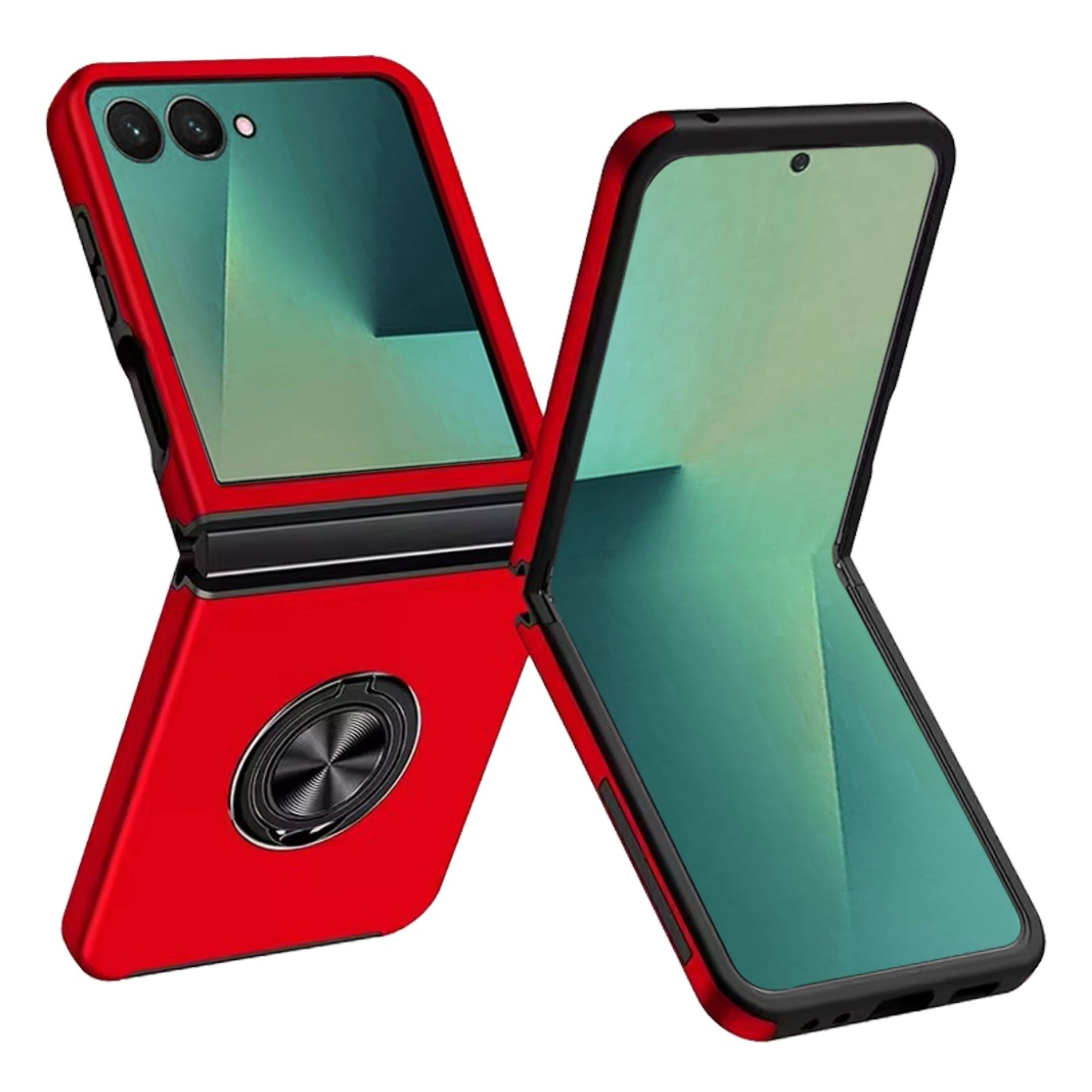 Left. Kitcheniva - Rubber Dual Layer Magnetic Ring Stand Case With Tempered Glass For Samsung Z Flip7 Red - Red.