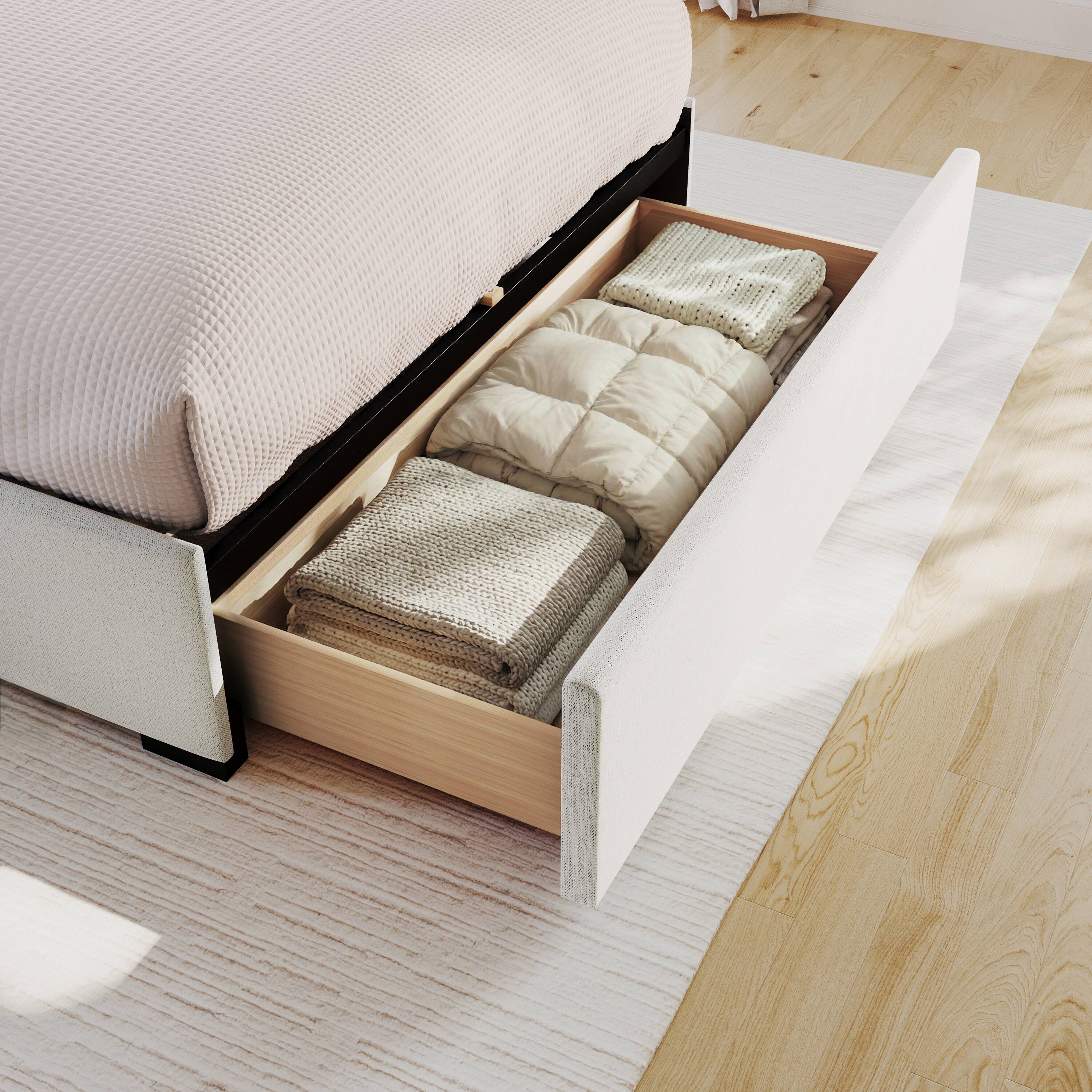 Alt View 4. Martha Stewart - Curved Nail Trim Headboard Platform Bed-Large Storage Drawer - Off-White.