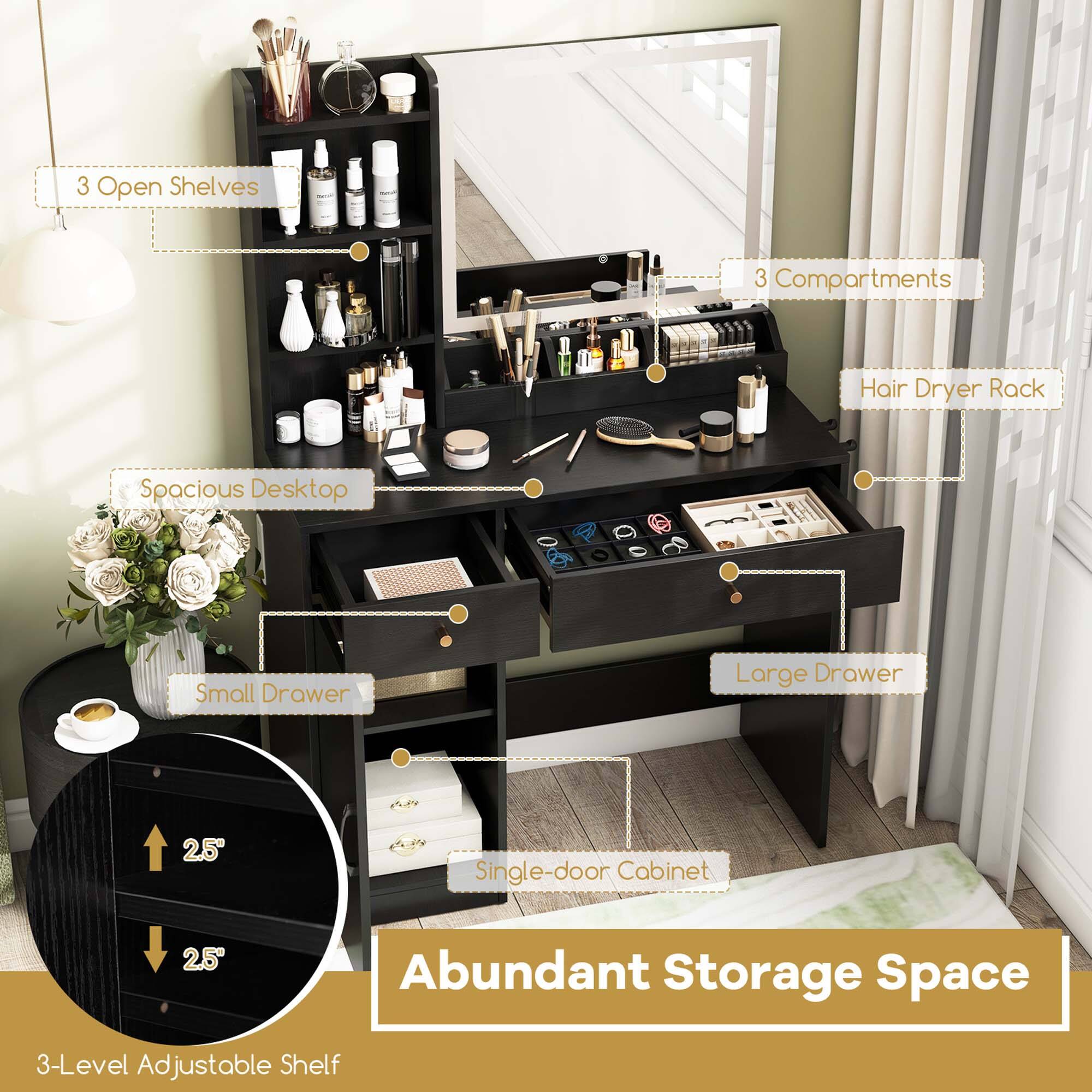 - 3 Open Shelves
- 3 Compartments
- Hair Dryer Rack
- Spacious Desktop
- Small Drawer
- Large Drawer
- Single-door Cabinet
- 3-Level Adjustable Shelf
- Abundant Storage Space