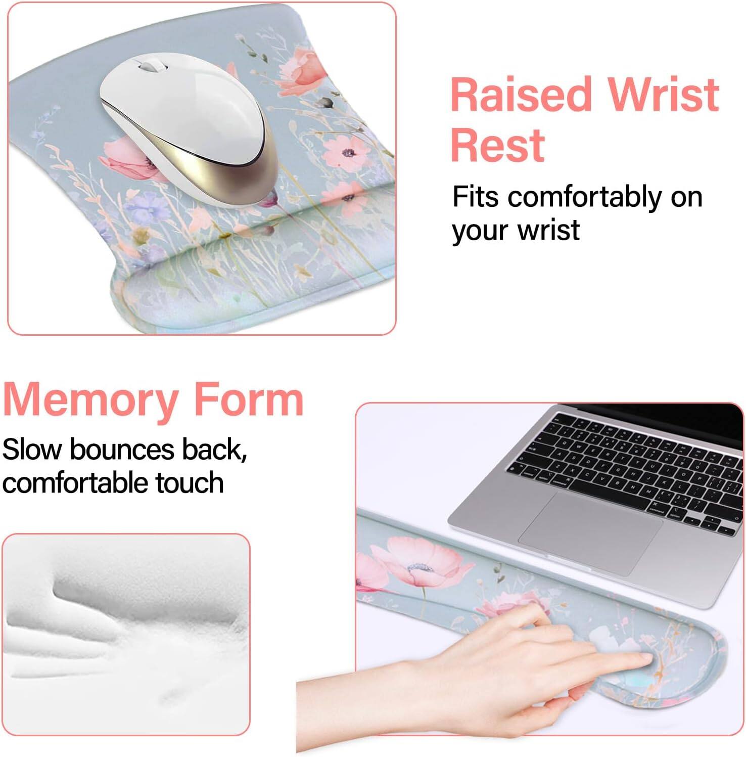 Raised Wrist Rest  
Fits comfortably on your wrist  

Memory Form  
Slow bounces back, comfortable touch