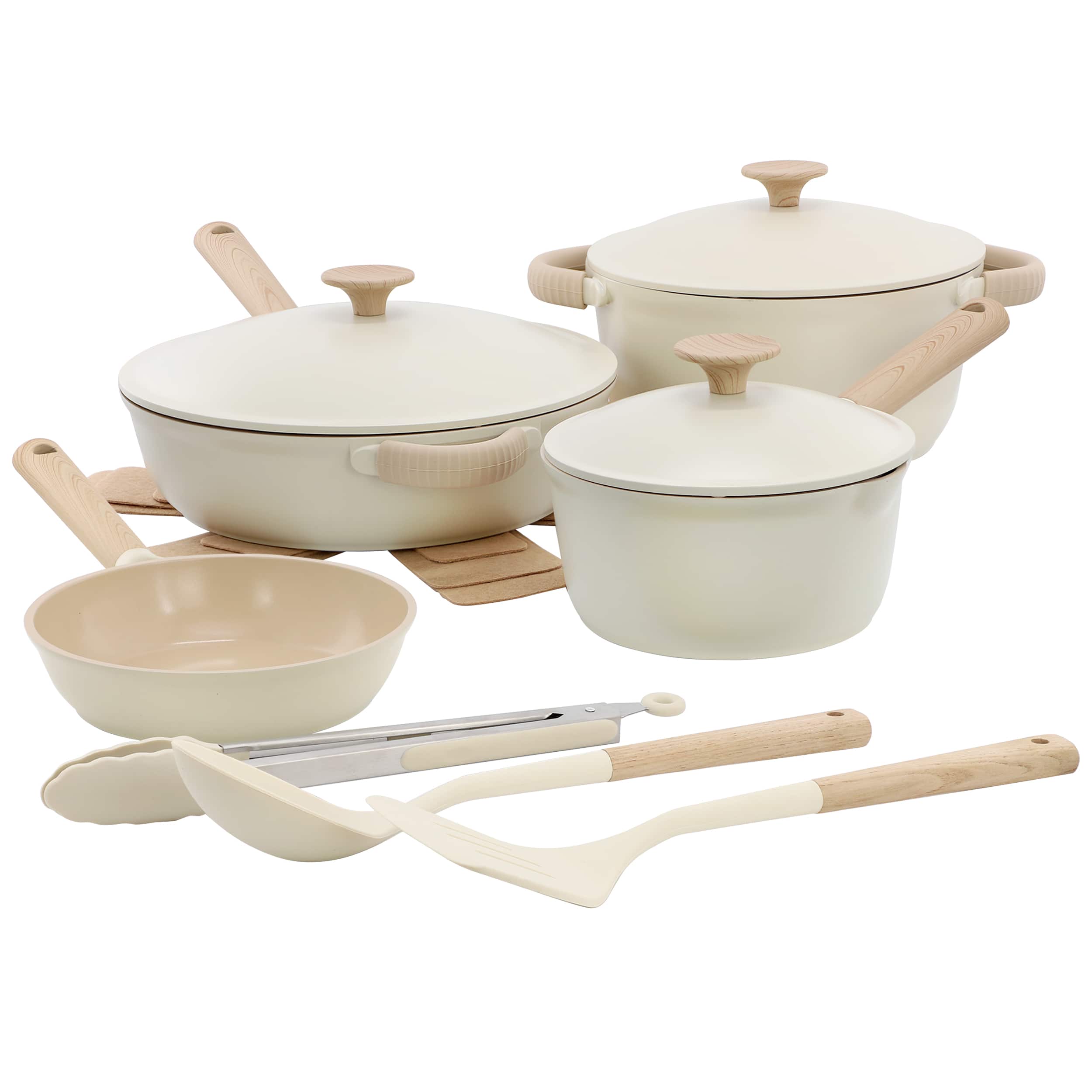 Gibson - Elite Folkstone 13 Piece Ceramic Nonstick Cast Aluminum Cookware Set - Linen
