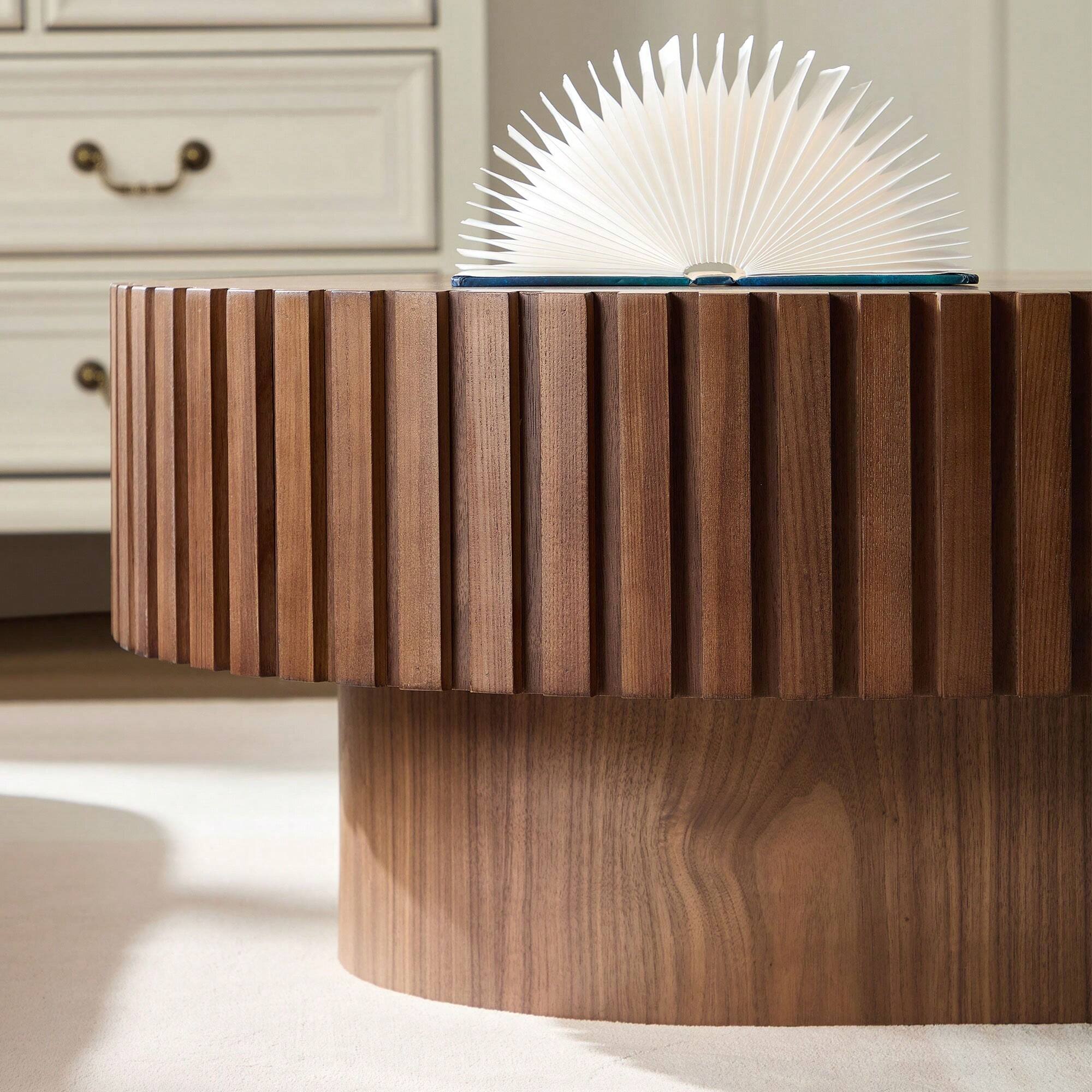 Alt View 2. Trinkets Crazed - Round Fluted Coffee Table, Mid Century Modern Irregular Large 43.7 Inch Wood Drum Design - Walnut.