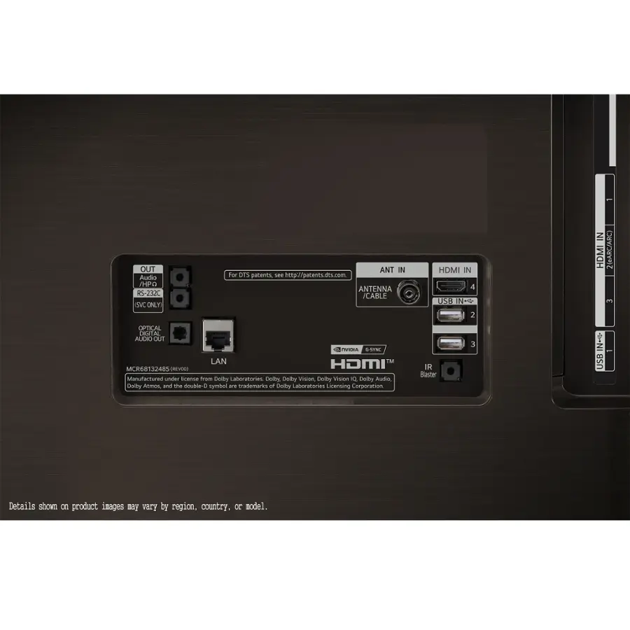 The text on the image is grouped and corrected as follows:

OUT Audio /HPO RS-232C SVC ONLY ANT IN For DTS patents <http://patents.dts.com> ANTENNA /CABLE HDMI IN 4 USB IN NHS 2 IN HDMI 2(eARC/ARC) 3 OPTICAL DIGITAL AUDIO OUT nE 5T LAN HDMI TM MCR68132485 (REVOS] Manufactured under license from Dolby Laboratories Dolby Vision, Dolby Vision, Dolby Audio, and the double-D symbol are trademarks of Dolby Laboratories Licensing Corporation IR Blaster 3 N= USB Details shown on product images may vary by region, country, or model.