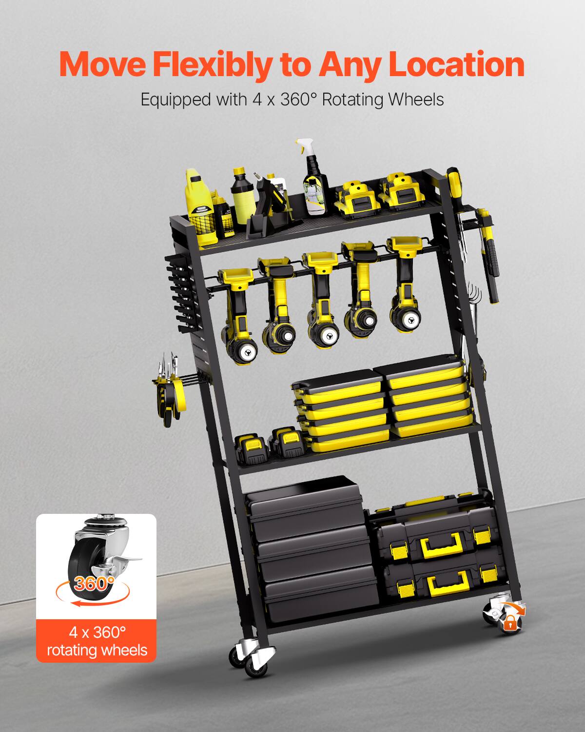 Move Flexibly to Any Location  
Equipped with 4 x 360° Rotating Wheels  

4 x 360° rotating wheels