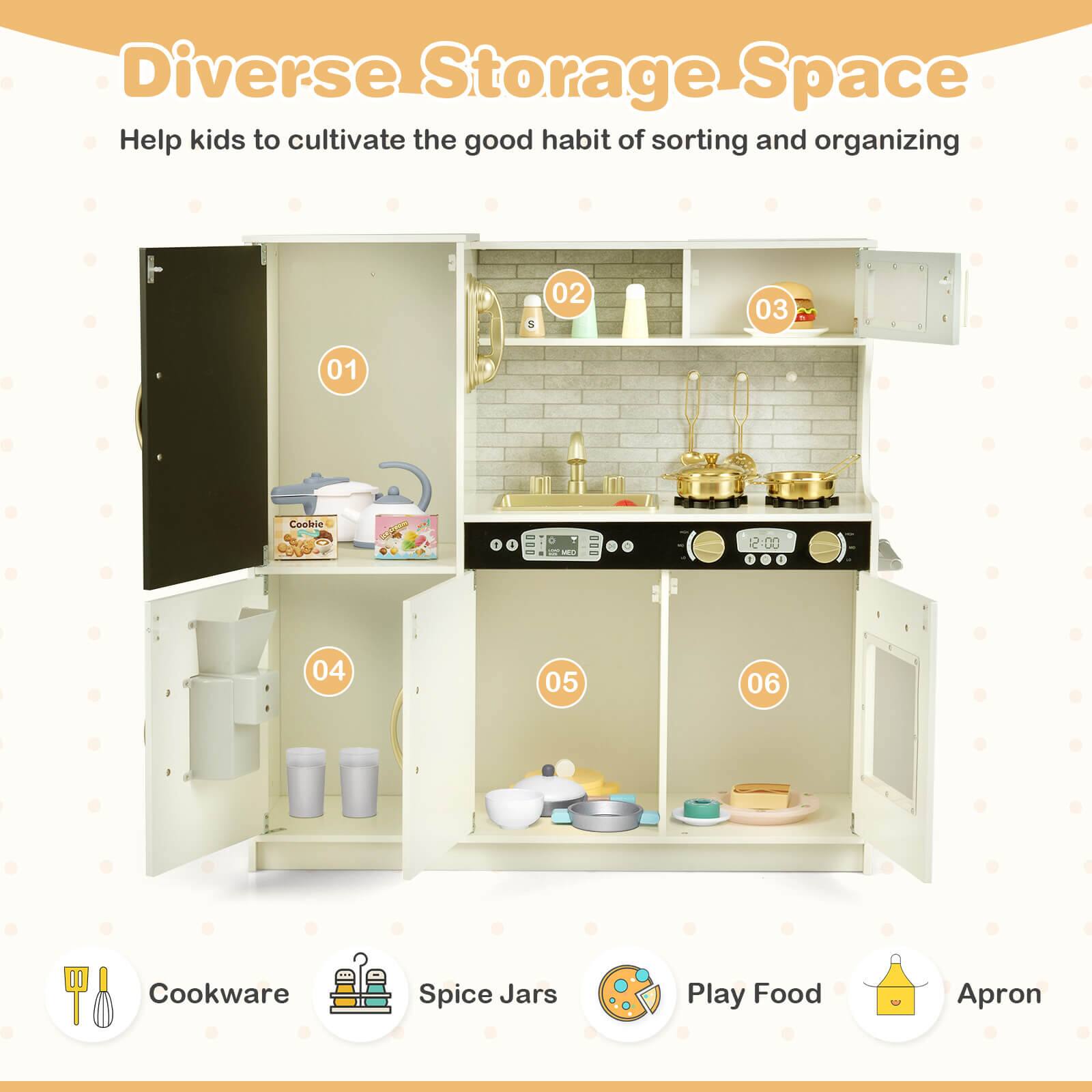 Diverse Storage Space  
Help kids to cultivate the good habit of sorting and organizing  

1. Cookie Jar  
2. Cookware  
3. Spice Jars  
4. Play Food  
5. Apron