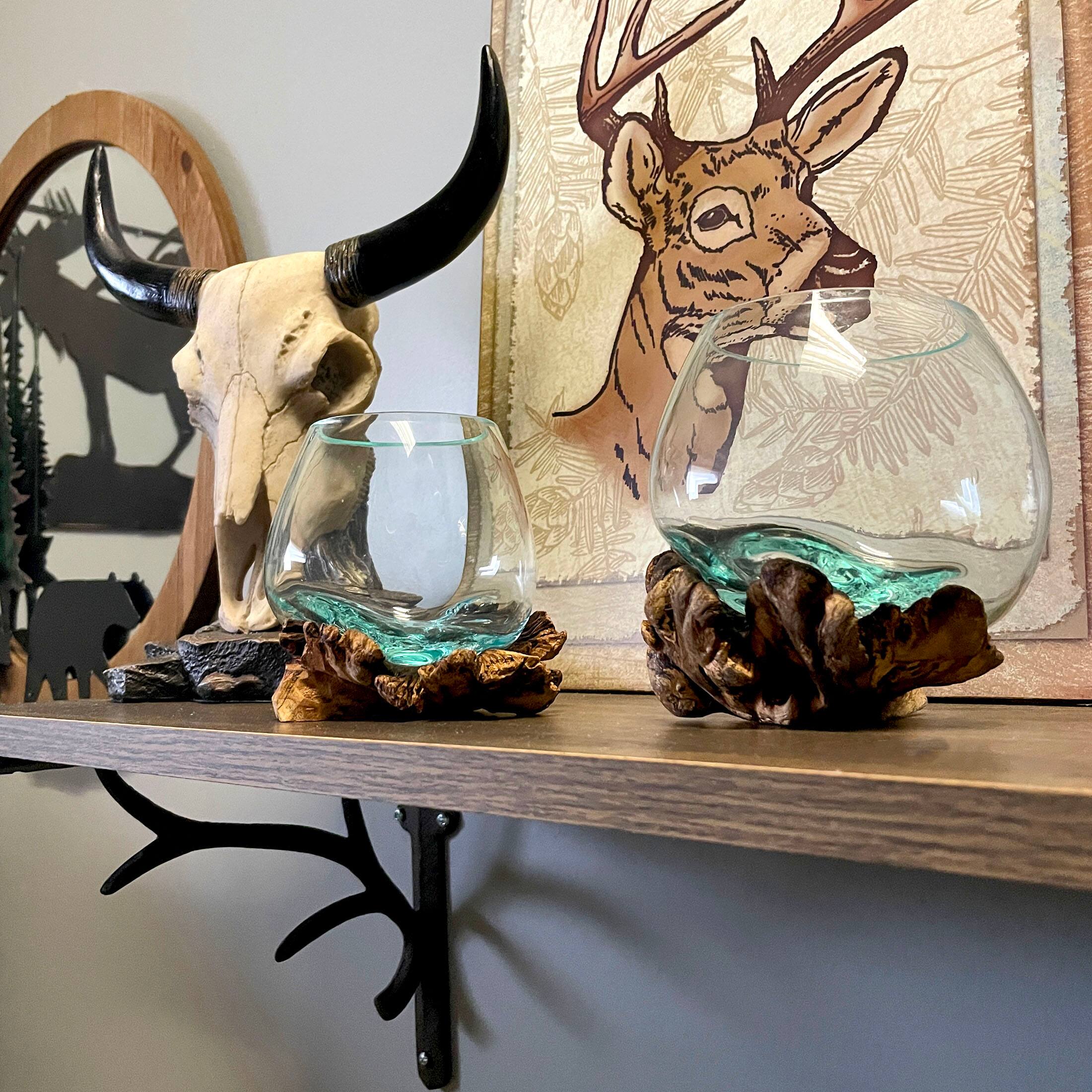 Alt View 10. Zeckos - Set of 2 Blown Molten Glass On Burl Wood Decorative Bowls Vases Terrariums - Brown.