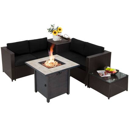 Front. Costway - Costway 5PCS Patio Furniture Set with 30 Inches Gas Fire Pit Table, Cushions, Storage Box - Mix Brown & Black.