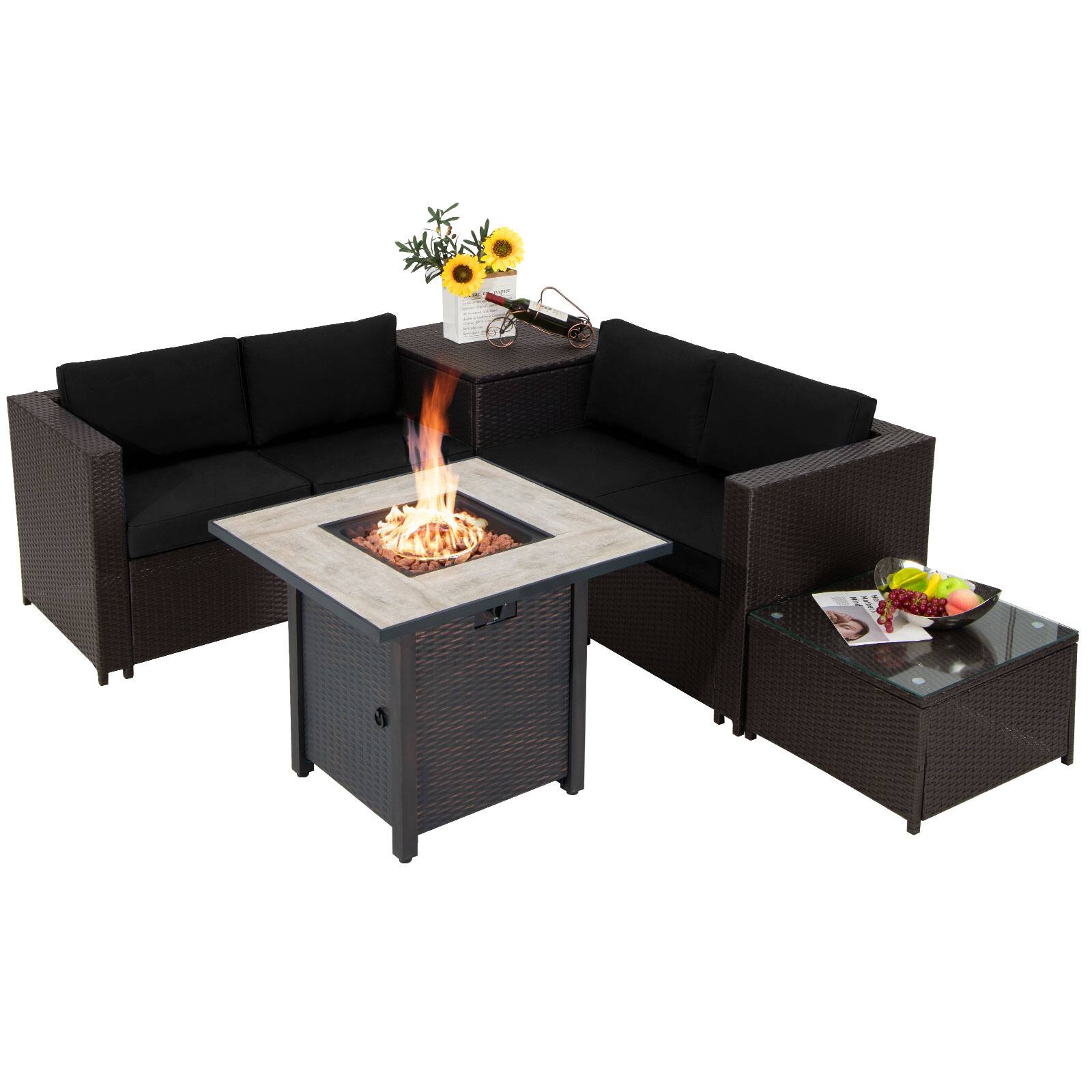 Costway - 5PCS Patio Furniture Set with 30 Inches Gas Fire Pit Table, Cushions, Storage Box - Mix Brown & Black