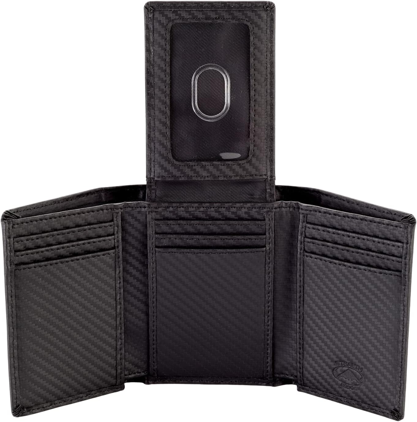 Front. Vulpecula Spade - Trifold Wallet - RFID Blocking Wallet with Flip ID Holder - Leather Case for Money - Carbon Fiber.