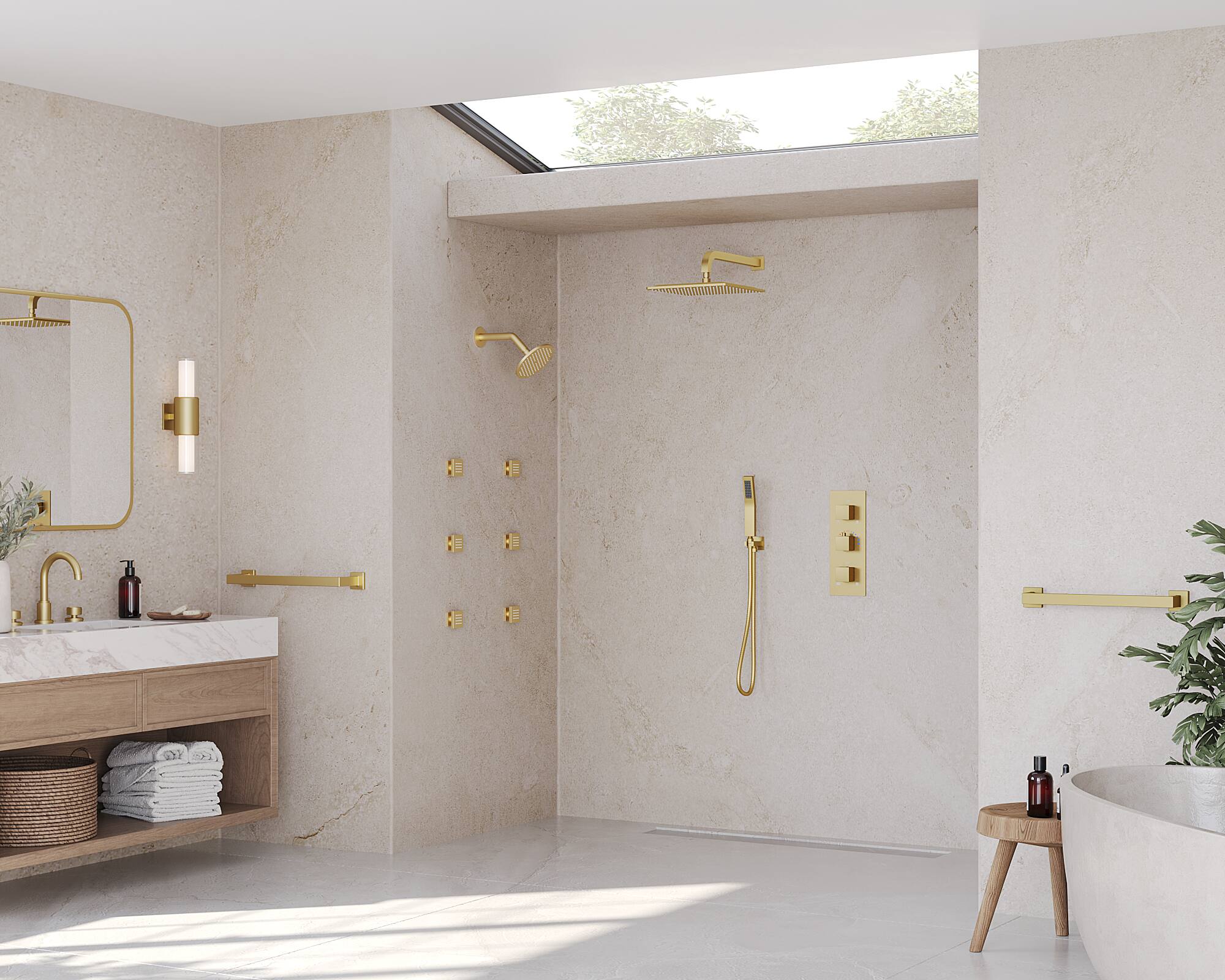 Left. GRANDJOY - 12" Rain Shower System with 6" Wall Shower, Handheld Sprayer, 6 Body Jets and Thermostatic Brass Valve Faucet Set - Brushed Gold.