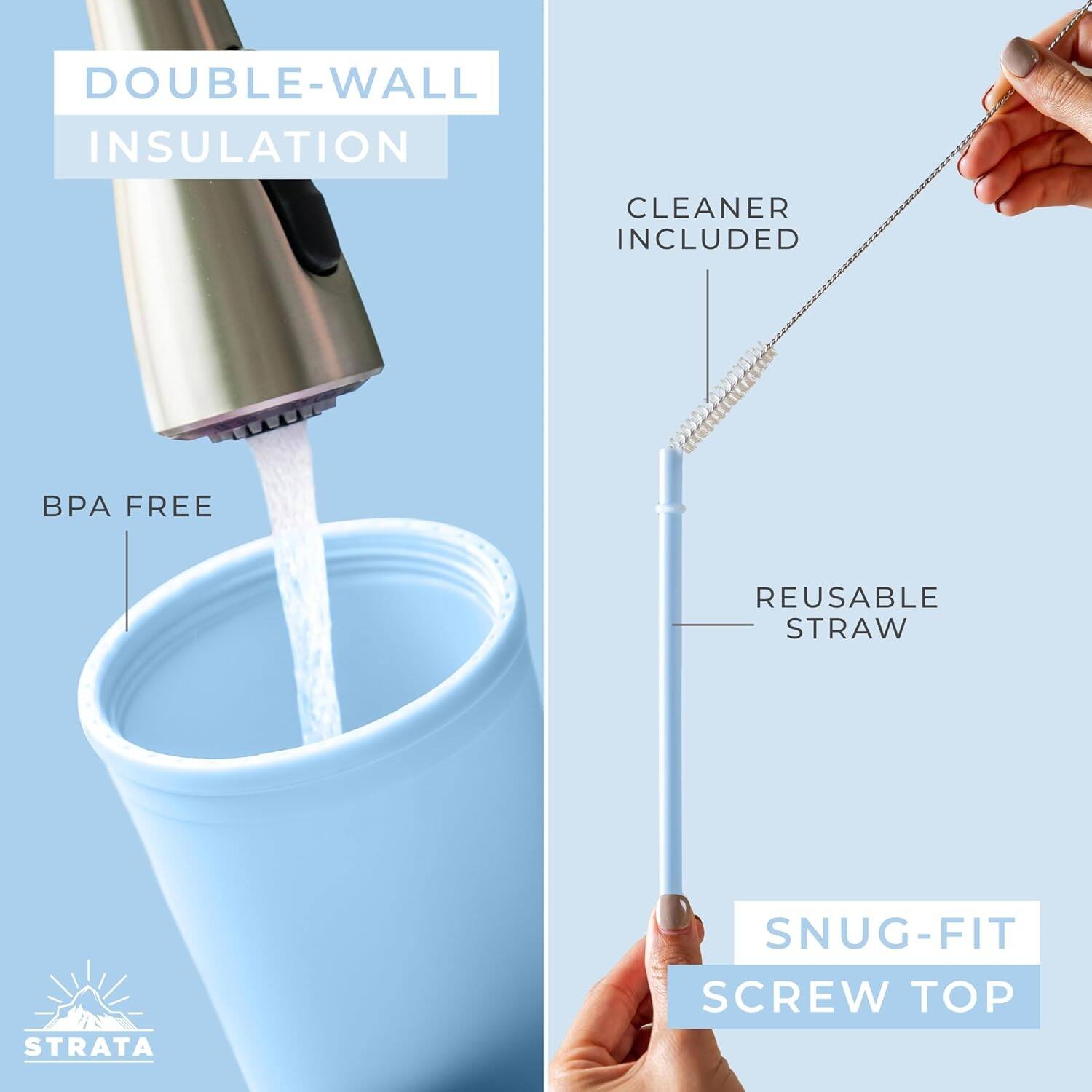 Here is the corrected and grouped text:

- Double-wall insulation
- BPA free
- Cleaner included
- Reusable straw
- Snug-fit screw top