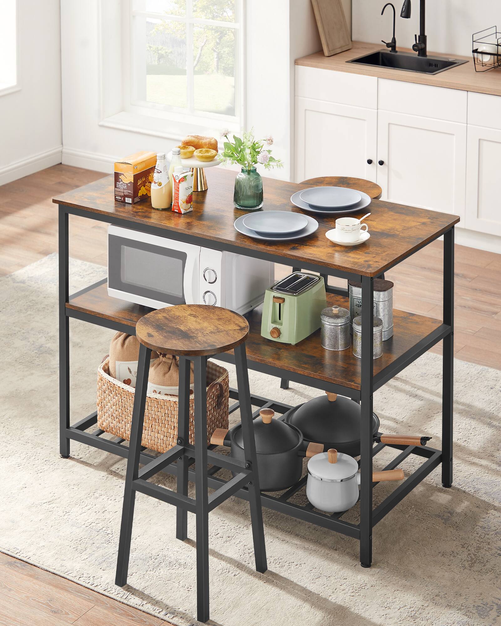 Alt View 3. Songmics Home - Kitchen Island with 3 Shelves, 47.2 Inches Width Kitchen Shelf with Large Worktop, Stable Steel Structure, Industrial - Rustic Brown and Black.