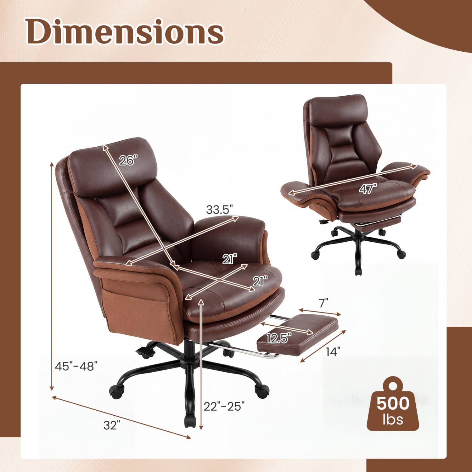 Dimensions
- 26"
- 33.5"
- 47"
- 21"
- 7"
- 45"-48"
- 12.5"
- 14"
- 32"
- 22"-25"
- 500 lbs