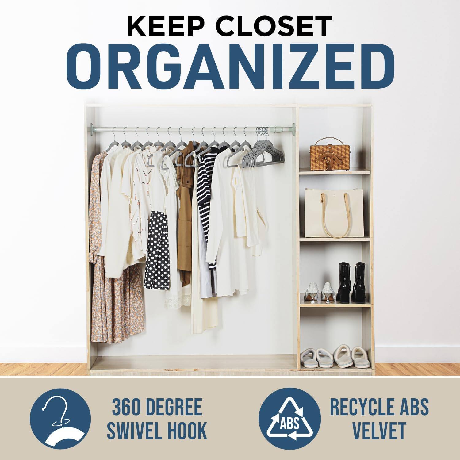 KEEP CLOSET ORGANIZED, 360 DEGREE SWIVEL HOOK, RECYCLE ABS VELVET