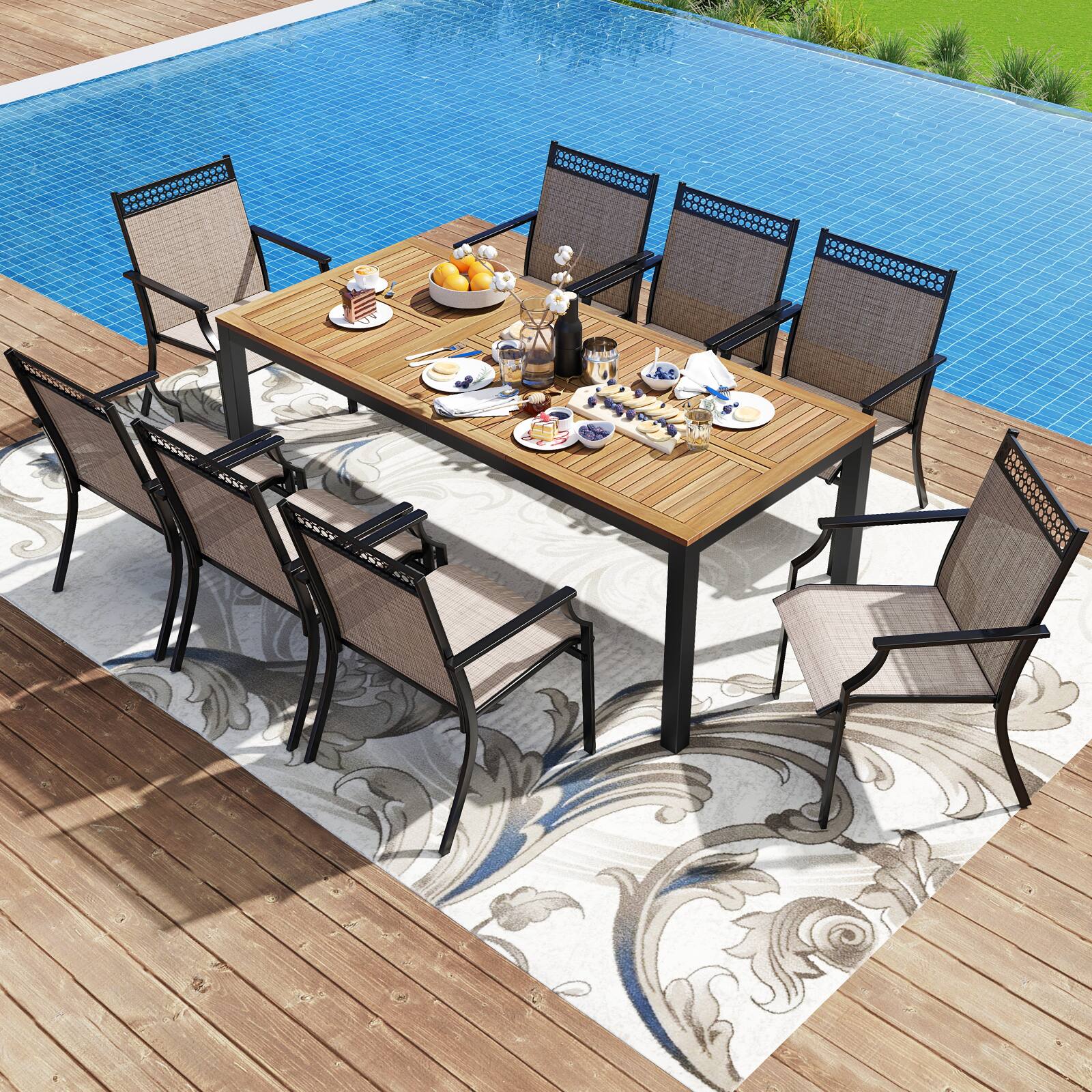 Alt View 1. Gymax - Gymax 9-Piece Outdoor Patio Furniture w/ Large Wooden Tabletop & Umbrella Hole - Natural, Black.