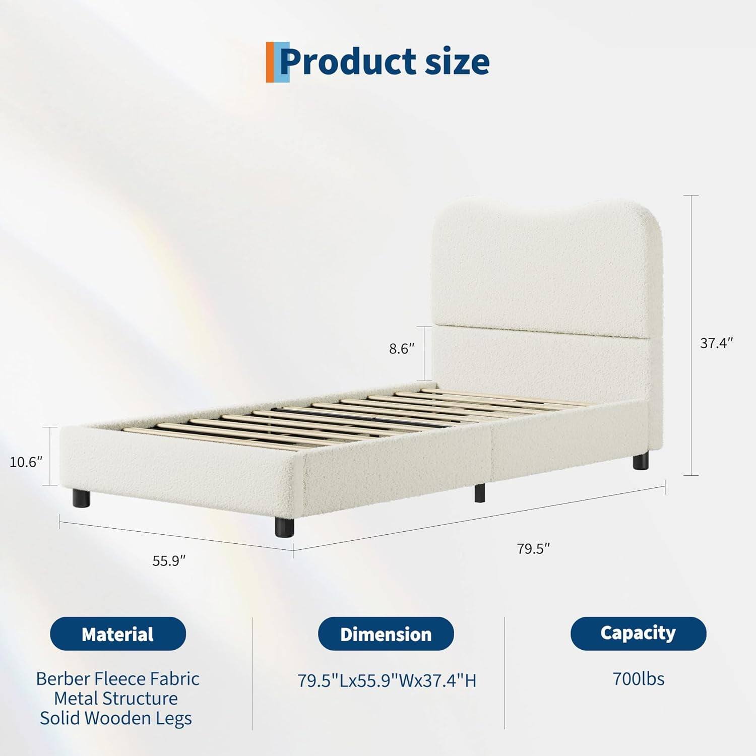 Product size

8.6" 37.4" 10.6" 55.9" 79.5"

Material
Berber Fleece Fabric
Metal Structure
Solid Wooden Legs

Dimension
79.5"Lx55.9"Wx37.4"H

Capacity
700lbs