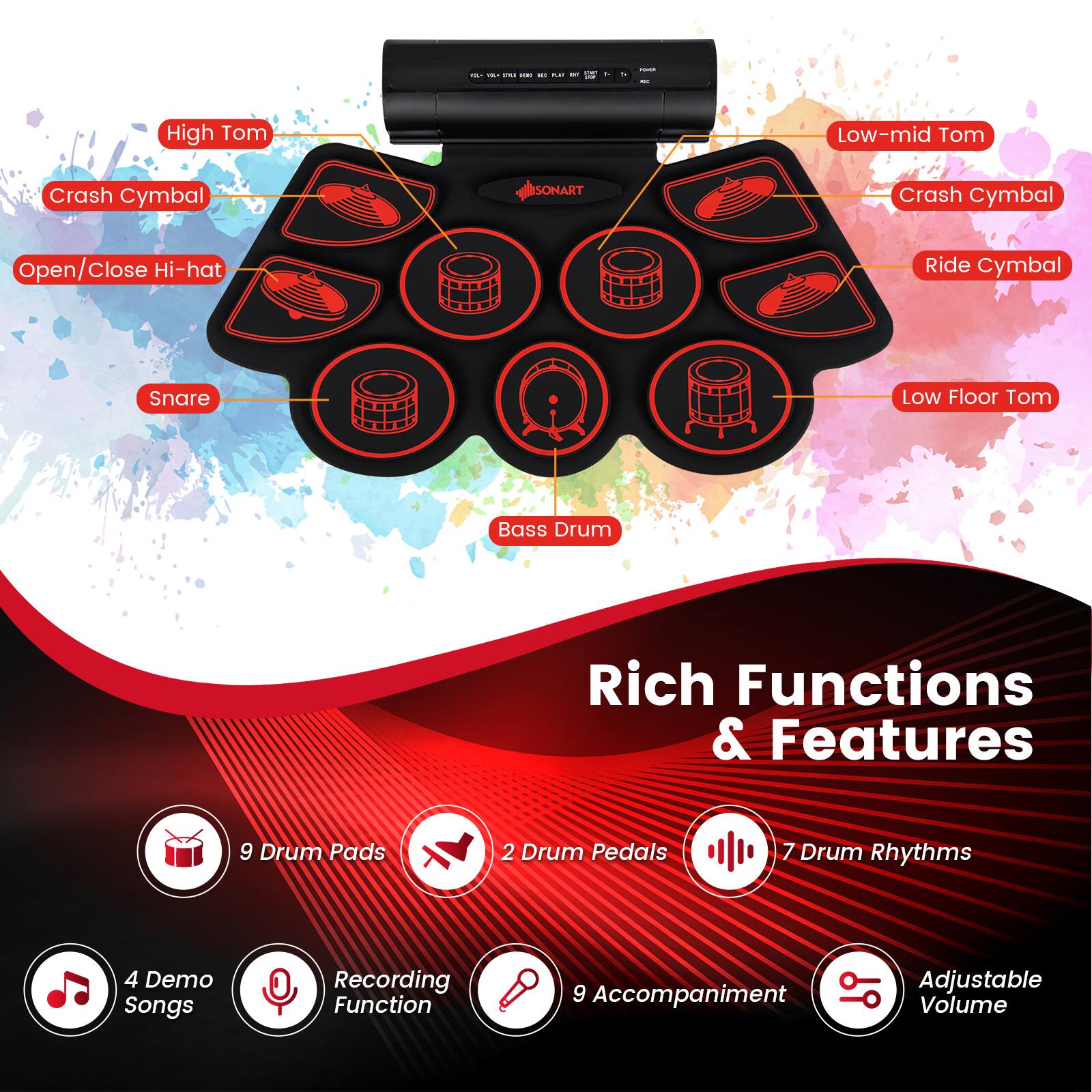 Rich Functions & Features

- 9 Drum Pads
- 2 Drum Pedals
- 7 Drum Rhythms
- 4 Demo Songs
- Recording Function
- 9 Accompaniment
- Adjustable Volume

Drum Pads:
- High Tom
- Crash Cymbal
- Open/Close Hi-hat
- Snare
- Bass Drum
- Low-mid Tom
- Crash Cymbal
- Ride Cymbal
- Low Floor Tom