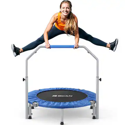 Front. BCAN - SP2 40" Foldable Mini Trampoline Max Load 330lbs, Fitness Rebounder with Adjustable Foam Handle - blue.